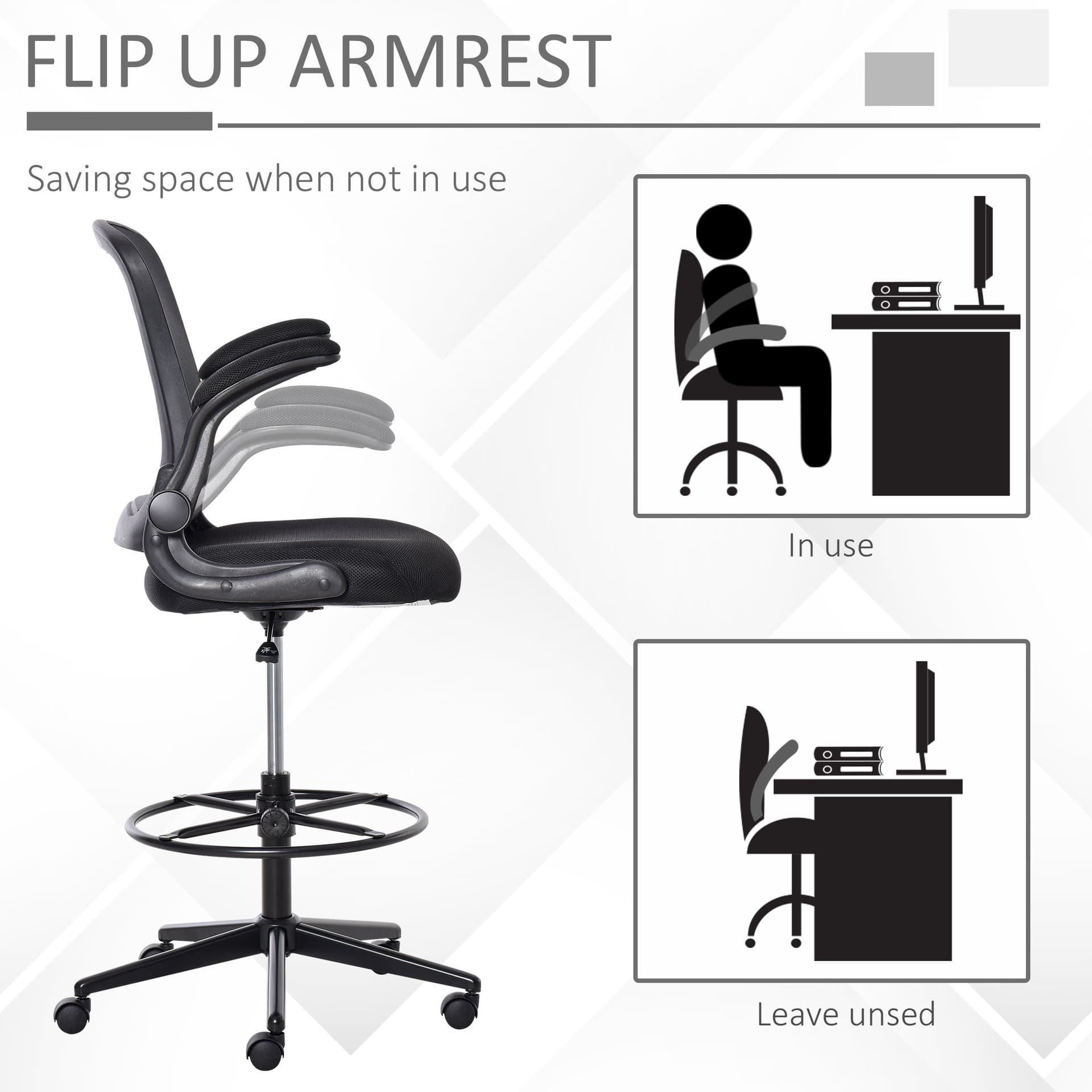 Vinsetto Tall Drafting Desk Chair Office Mesh Standing Chair with Foot Ring, Flip-up Arm, 360° Swivel Wheels, Black - Desks - Office Furniture