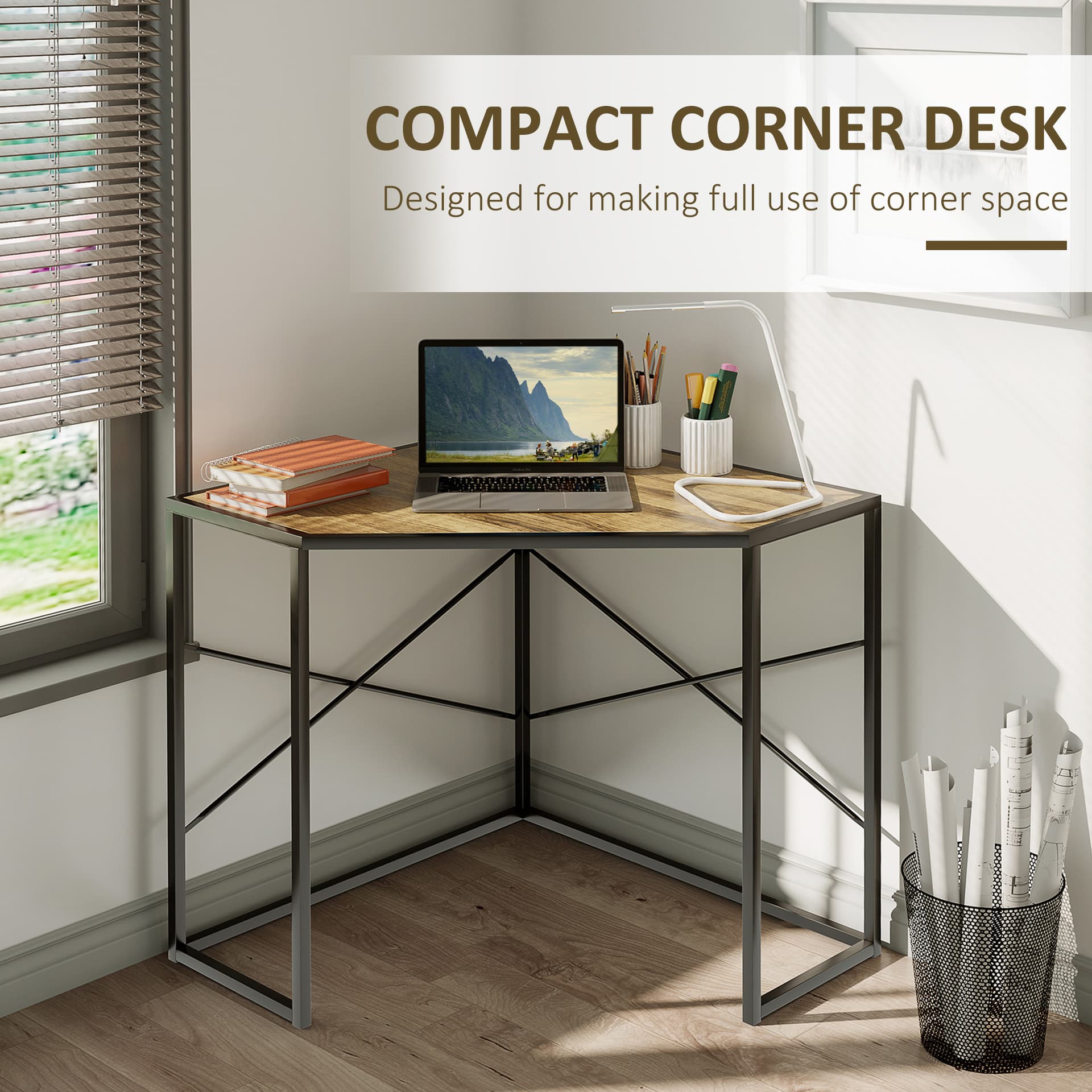 HOMCOM Corner Desk, Triangle Computer Desk with Steel Frame for Small Space, Corner Writing Desk for Workstation, Black - Office Products - Office Furniture
