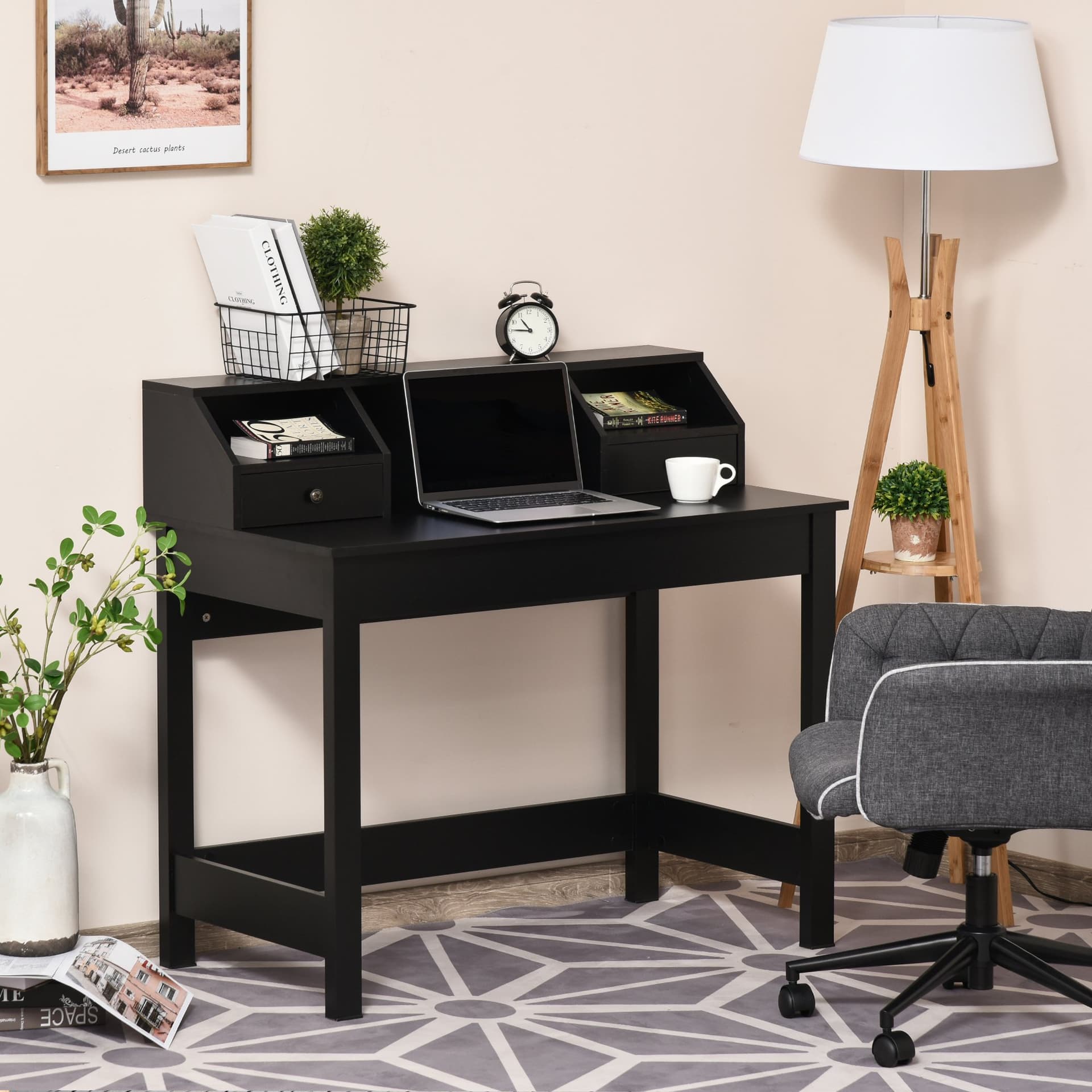 HOMCOM Rectangle Computer Desk with Display Shelves Drawers Home Office Table Workstation Black Wood Grain - Desks - Office Furniture