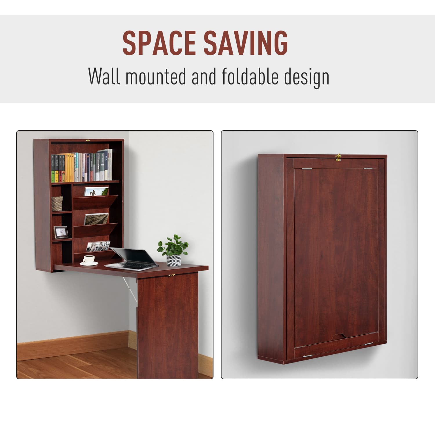 HOMCOM Wall Mounted Desk Fold out Convertible Table Shelf Office Mahogany  - Desks - Office Furniture