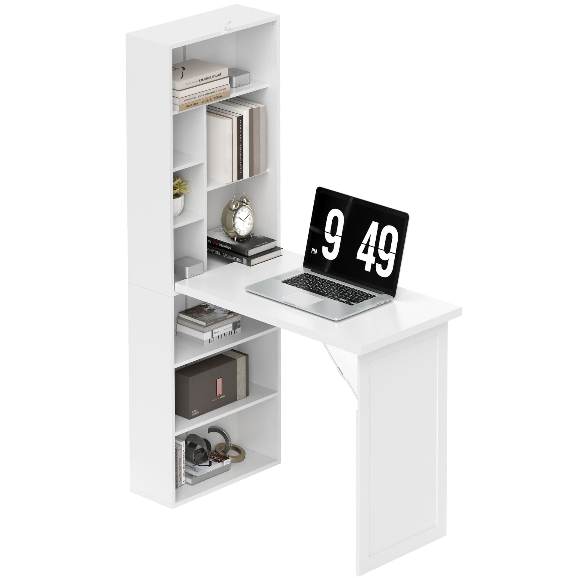 Fold-out Convertible Office Desk, Wall Mount Computer Desk with Whiteboard and Side Shelf, White - Computer Desks - Office Furniture