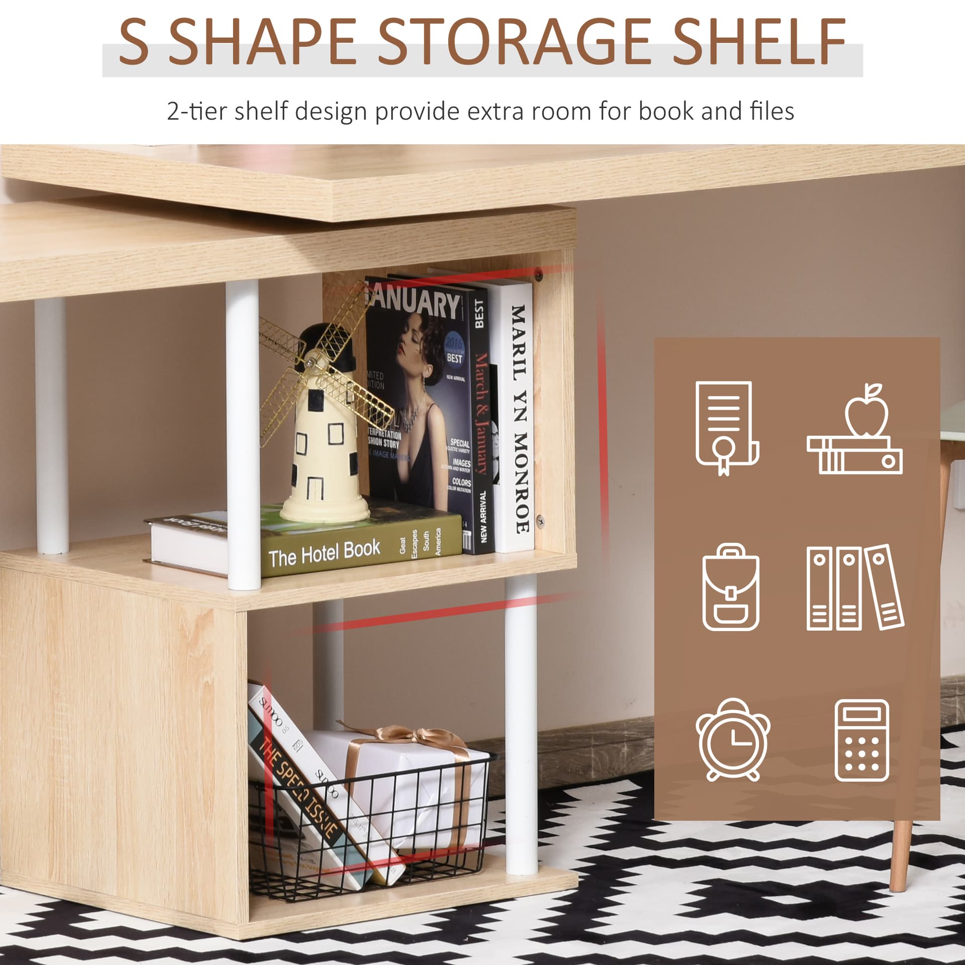 HOMCOM 360° Rotating Corner Desk L-Shaped PC Workstation Student Writing Table with Storage Shelf Home Office Oak Tone - Desks - Office Furniture