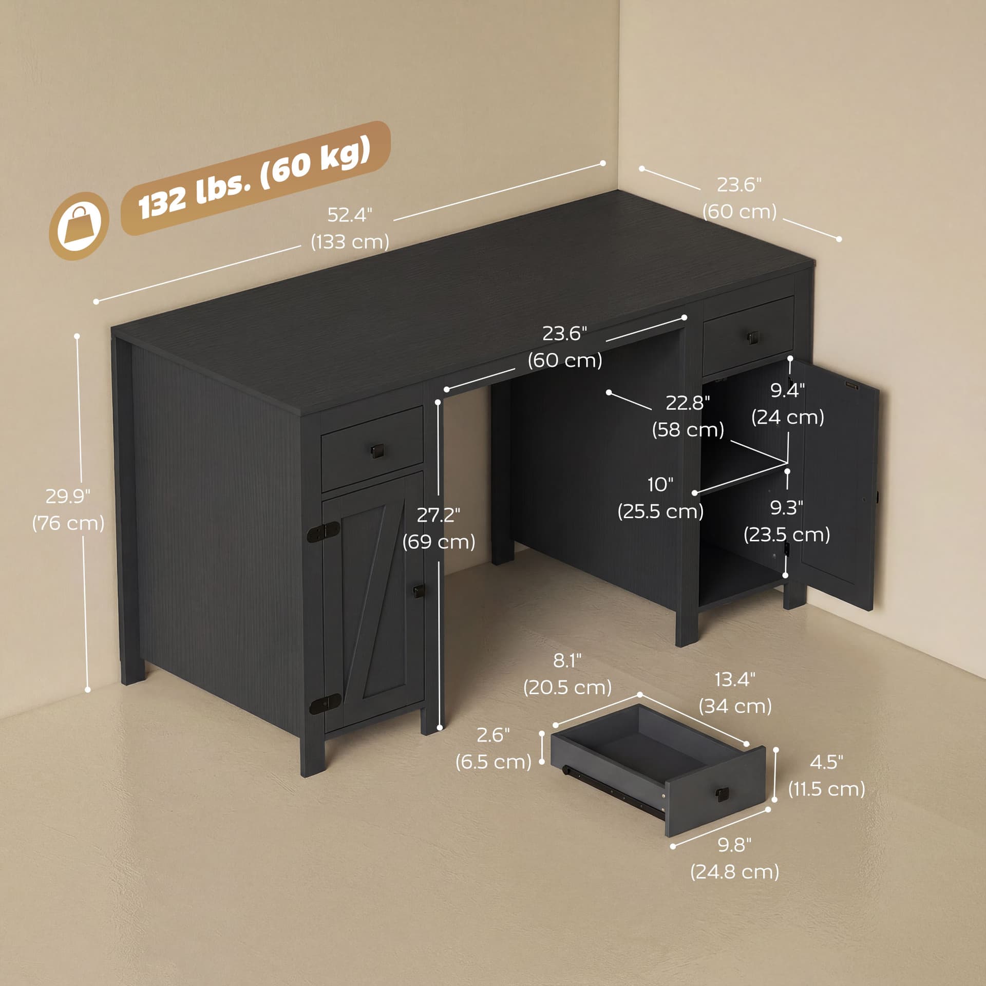 53" Farmhouse Executive Desk, Computer Desk with Drawers and 2 Cabinets, Study Table for Home Office, Black Wood Grain - Writing Desks - Office Furniture