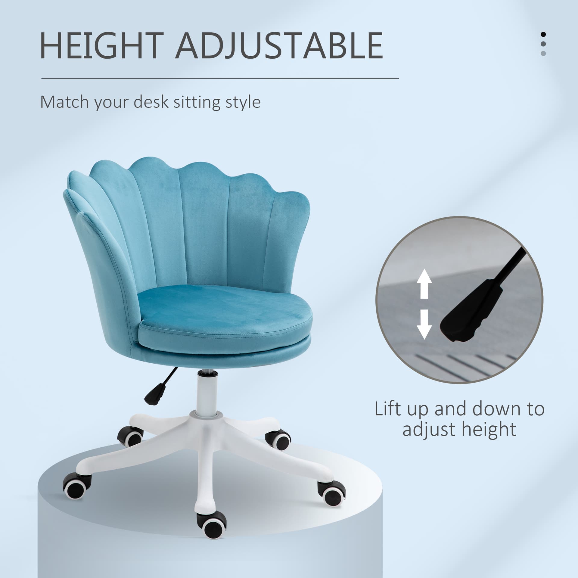 HOMCOM Mid Back Office Chair Velvet Fabric Swivel Scallop Shape Computer Desk Chair for Study, Blue - Desks - Office Furniture