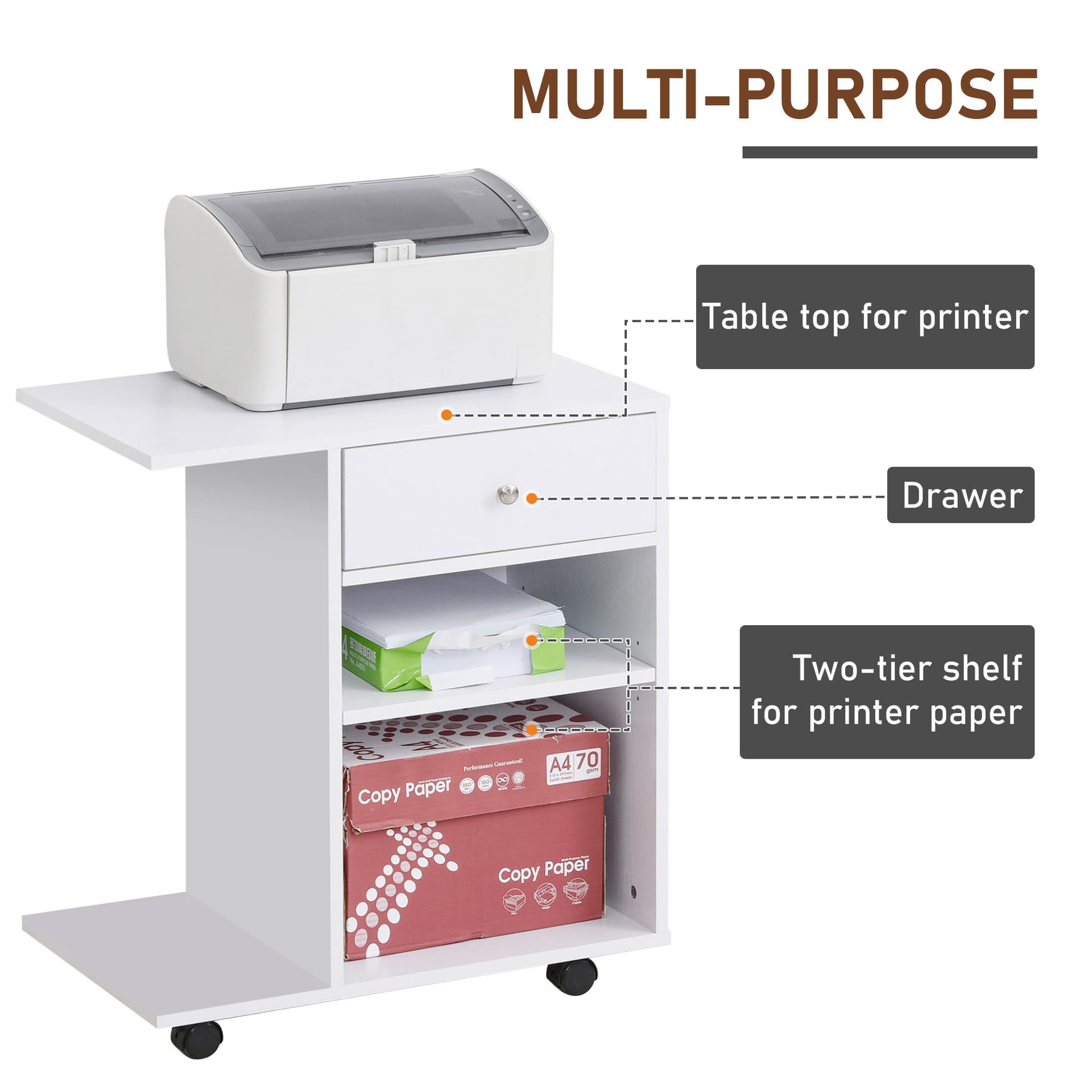 Vinsetto Printer Stand Desk Side File Cabinet, Rolling Cart with Wheels, Adjustable Shelf, Drawer, CPU Stand, White - Office Products - Office Furniture