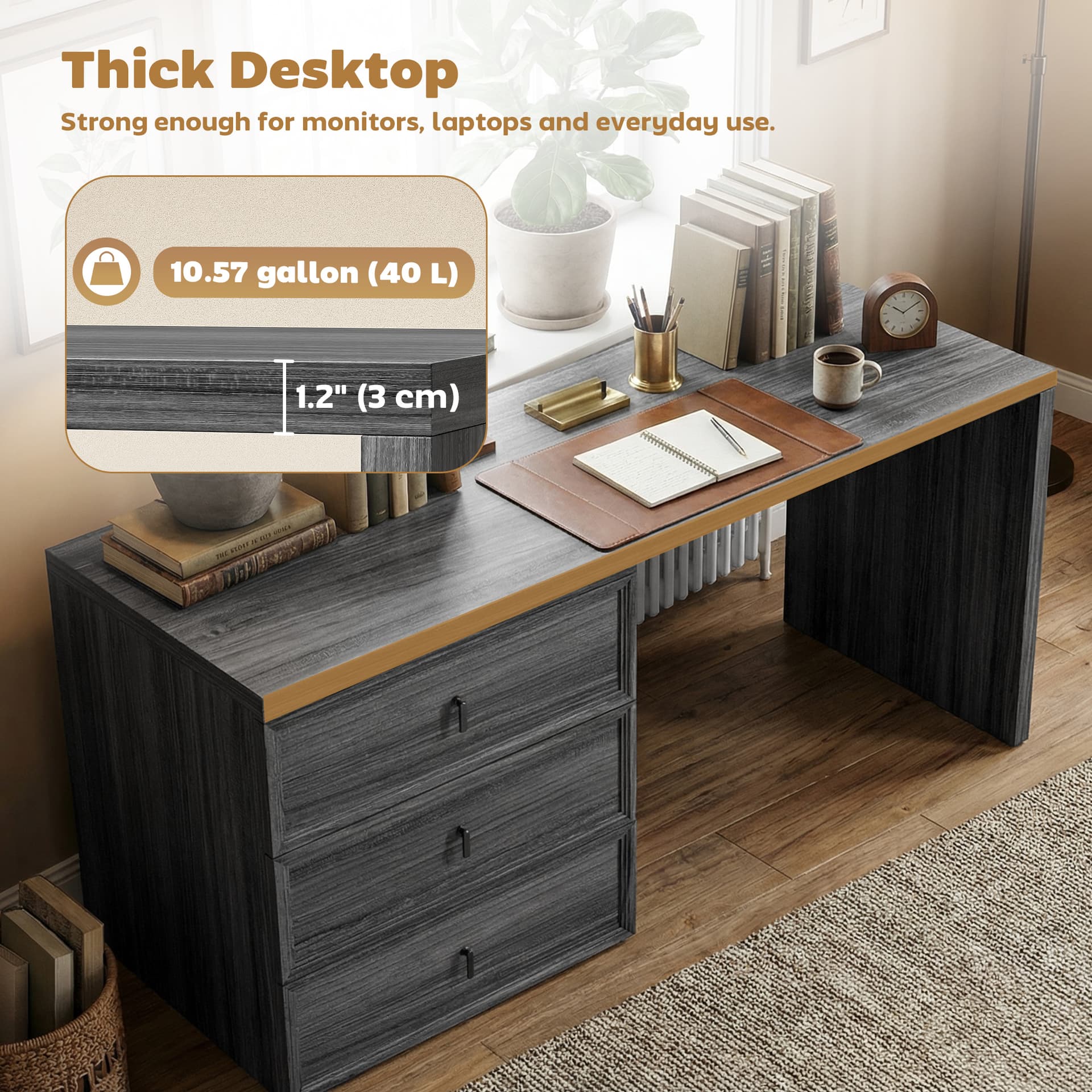 L Shaped Computer Desk Home Office Desk with 3 Drawers Black Wood Grain - Computer Desks - Office Furniture