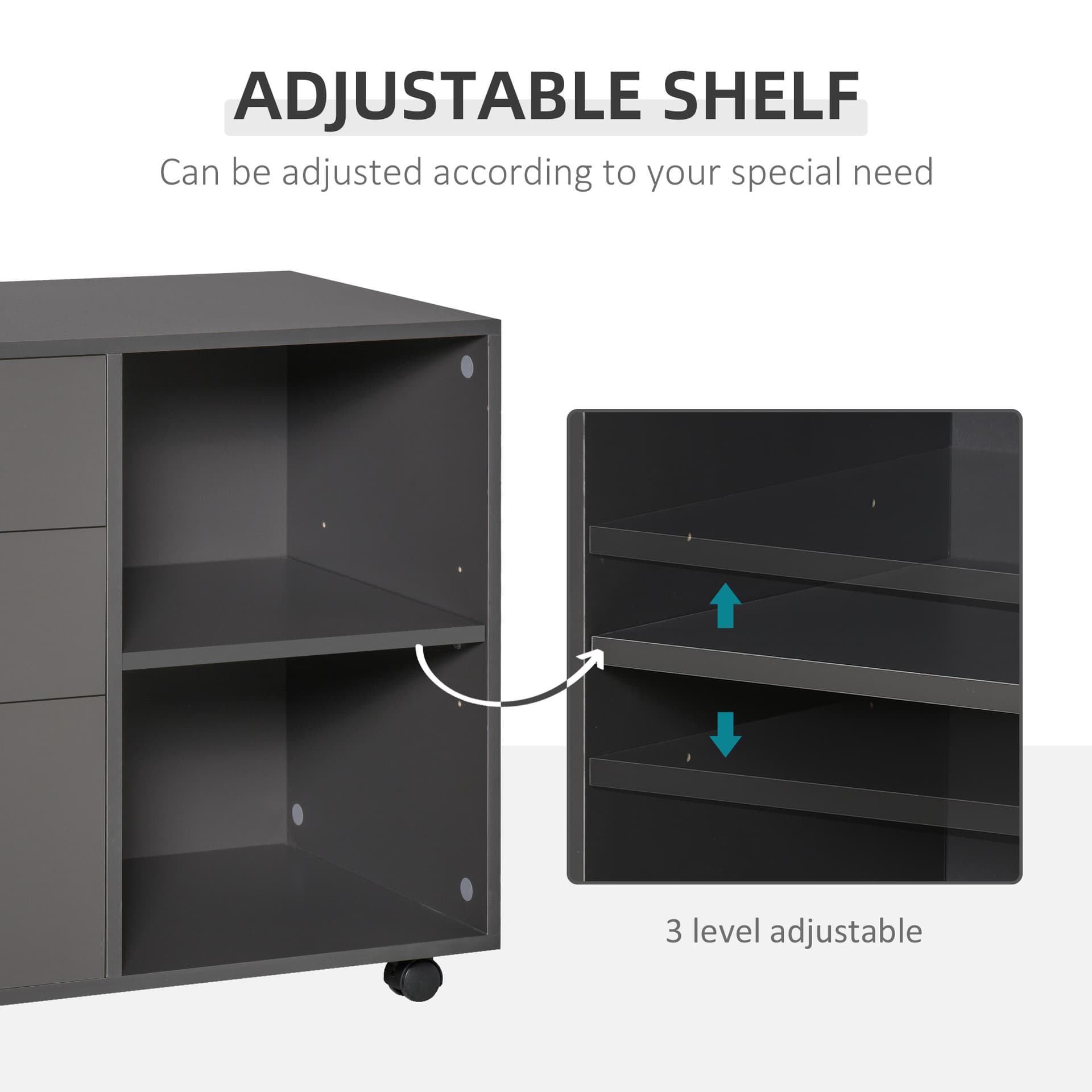 HOMCOM Modern Lateral Filing Cabinet, 3 Drawer File Cabinet, Mobile, Printer Stand with Open Shelves, Rolling Wheels, Grey - Office Products - Office Furniture