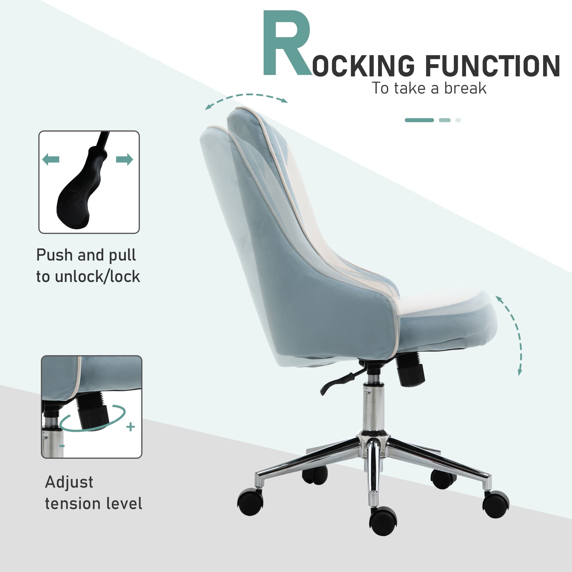 Vinsetto Office Chair Velvet Fabric Leisure Chair Rocking Armless Task Chair with Swivel Wheels Soft Seat Computer Chair for office Work Vanity Desk Chair | Aosom Canada - Desks - Office Furniture