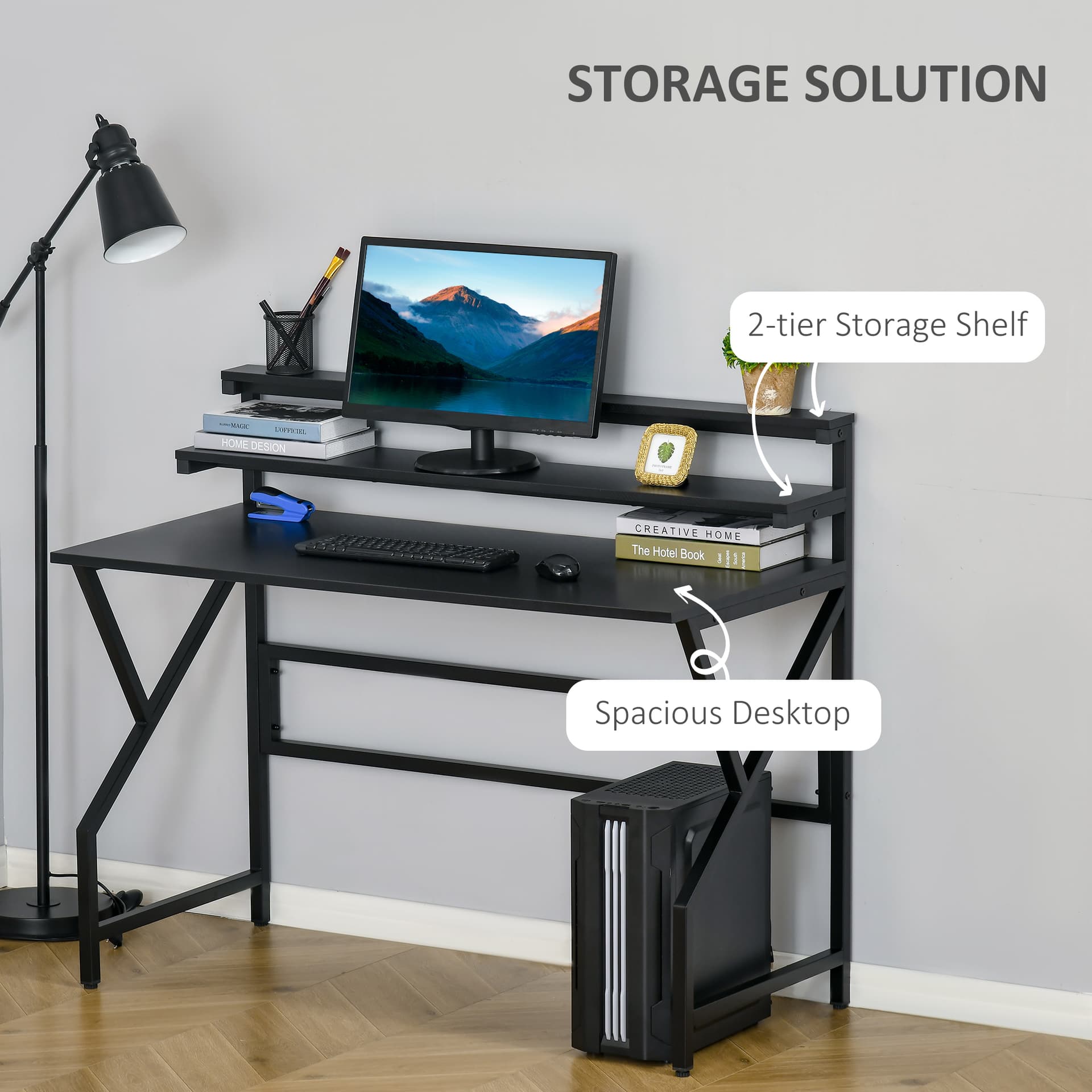 HOMCOM Modern Computer Desk, 47" Writing Desk with Elevate Shelves for Home Office, Black - Desks - Office Furniture