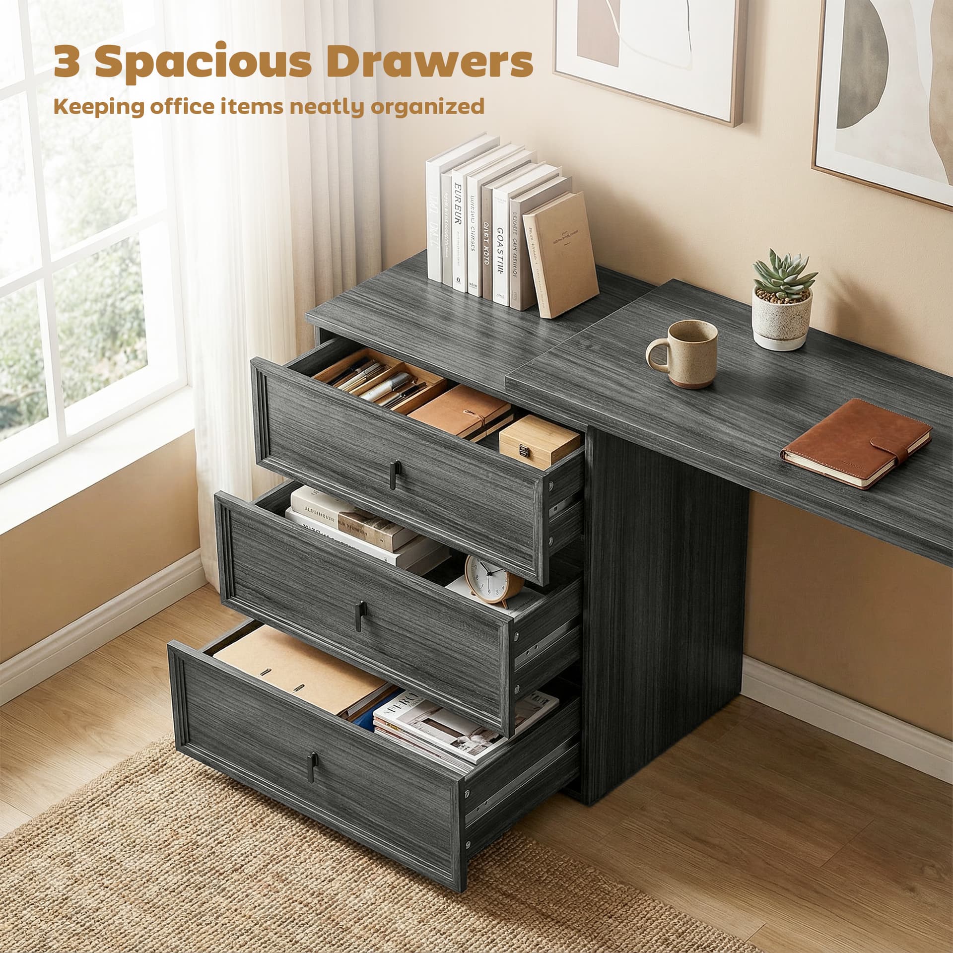 L Shaped Computer Desk Home Office Desk with 3 Drawers Black Wood Grain - Computer Desks - Office Furniture