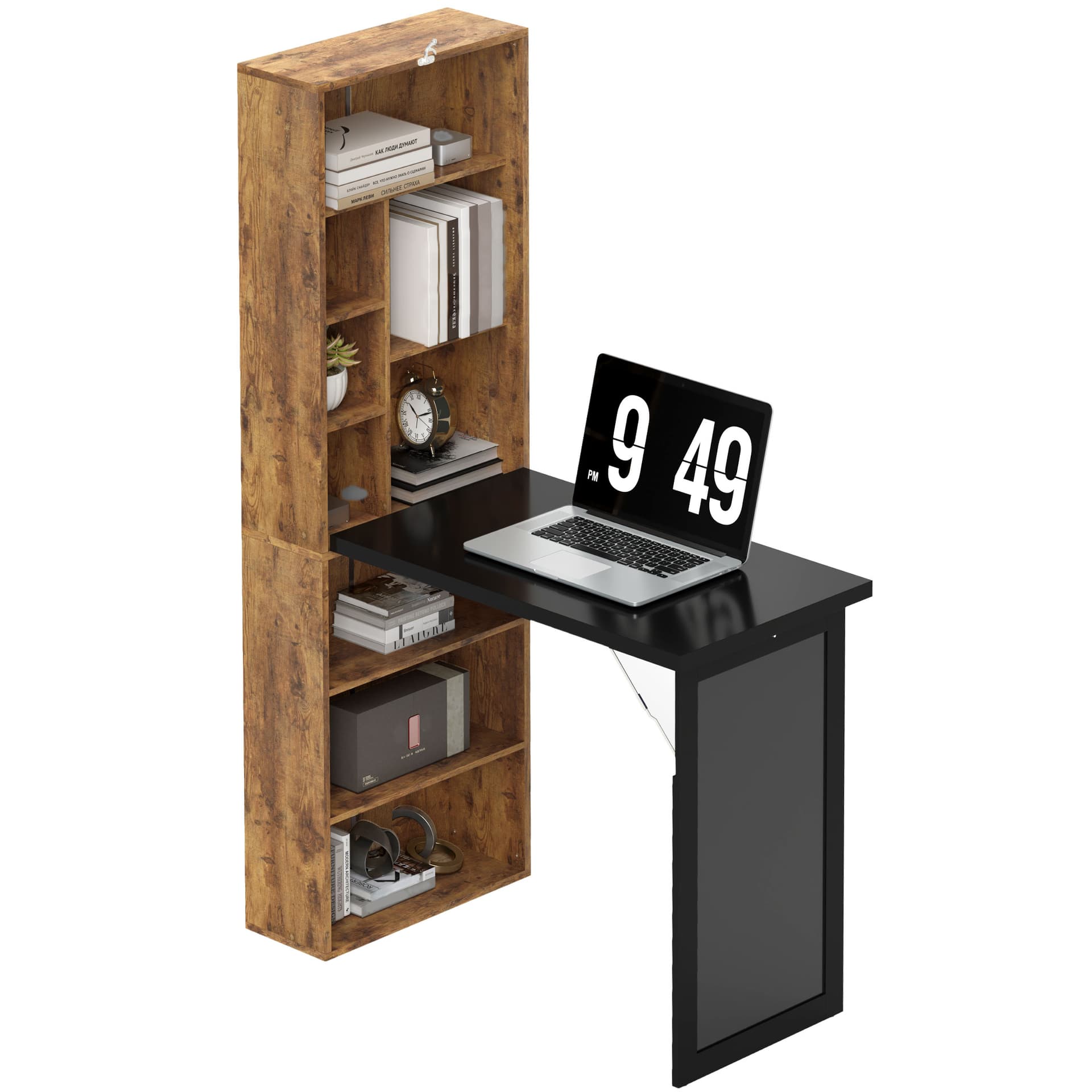 Fold-out Convertible Office Desk, Wall Mount Computer Desk with Blackboard and Side Shelf, Rustic Brown - Computer Desks - Office Furniture