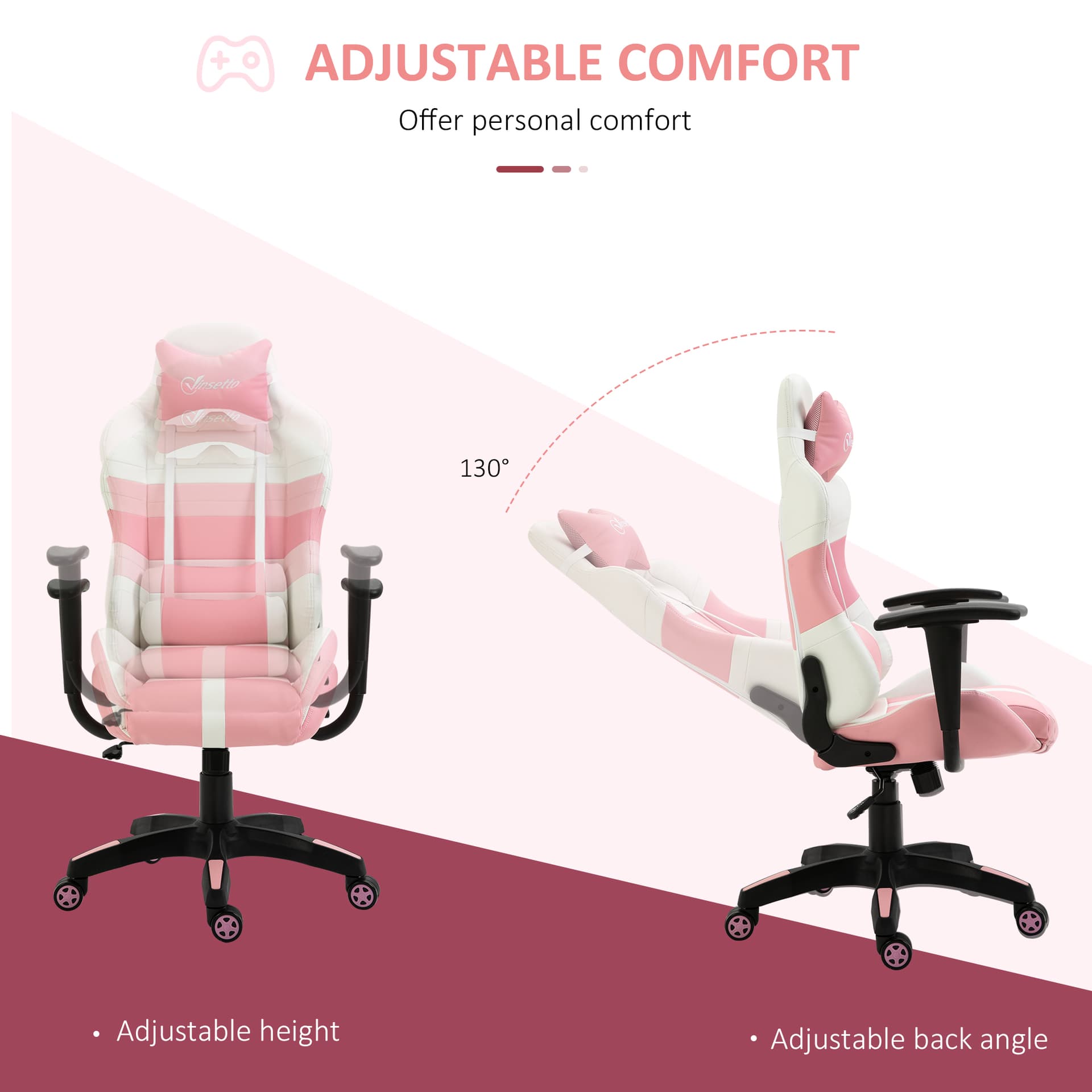 Vinsetto Office Chair with Wheels  Removable Pillow Gaming Chair  Pink and White - Office Chairs - Office Furniture