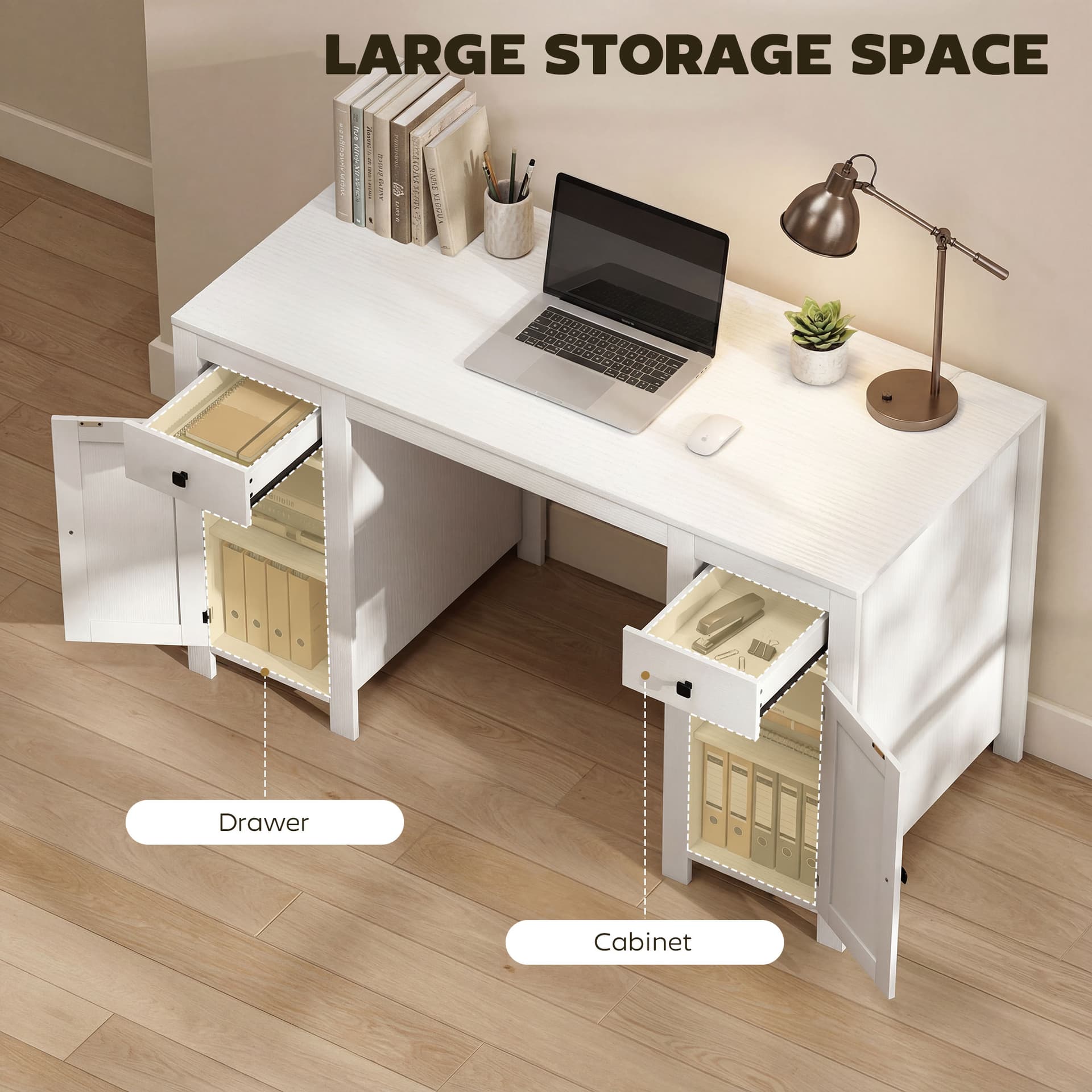 53" Farmhouse Executive Desk, Computer Desk with Drawers and 2 Cabinets, Study Table for Home Office, White Wood Grain - Writing Desks - Office Furniture