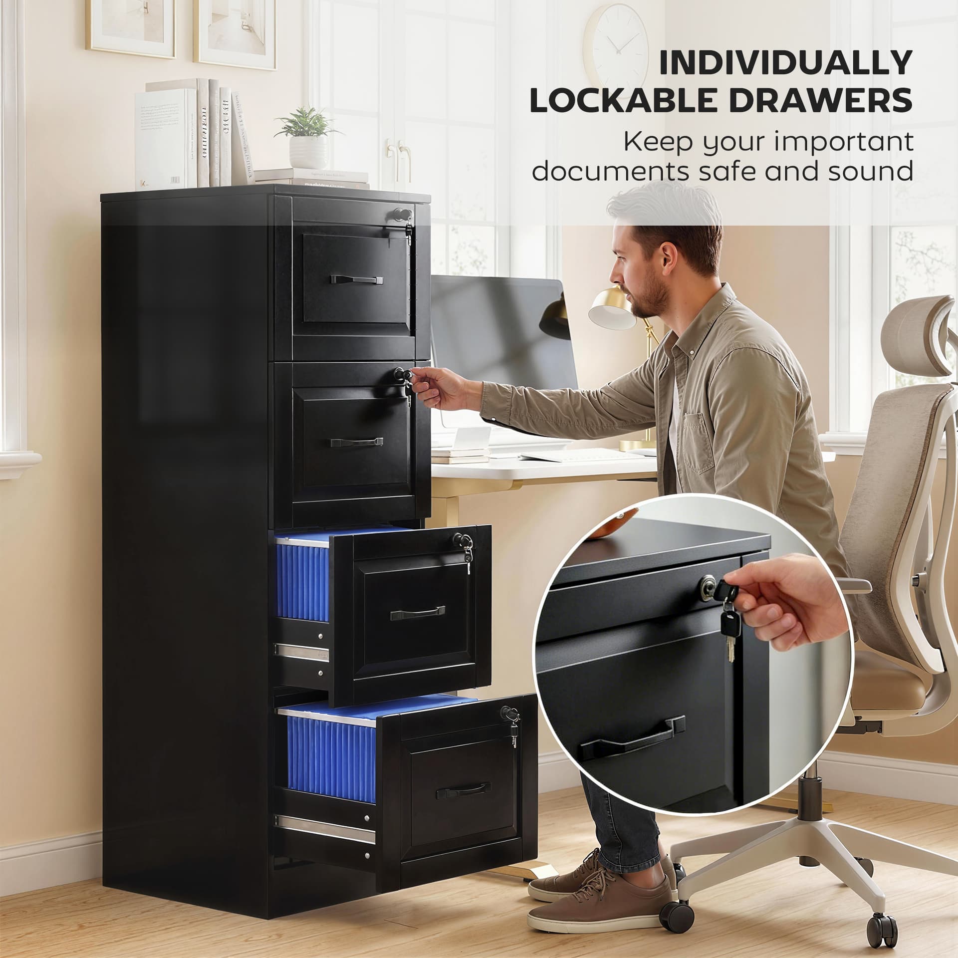4 Drawer File Cabinet with Lock, Vertical Filing Cabinet with Adjustable Hanging Bars for A4 and Letter Size, Black - Office Cabinets & Cupboards - Office Furniture