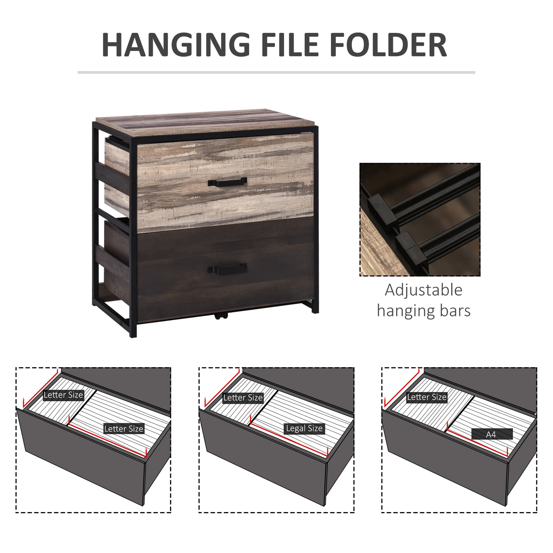 Vinsetto Lateral Filing Cabinet with 2 Drawers, File Cabinet with Hanging Bar, Home Office Organizer for A4 Letter Legal Size - Filing & Storage - Office Furniture