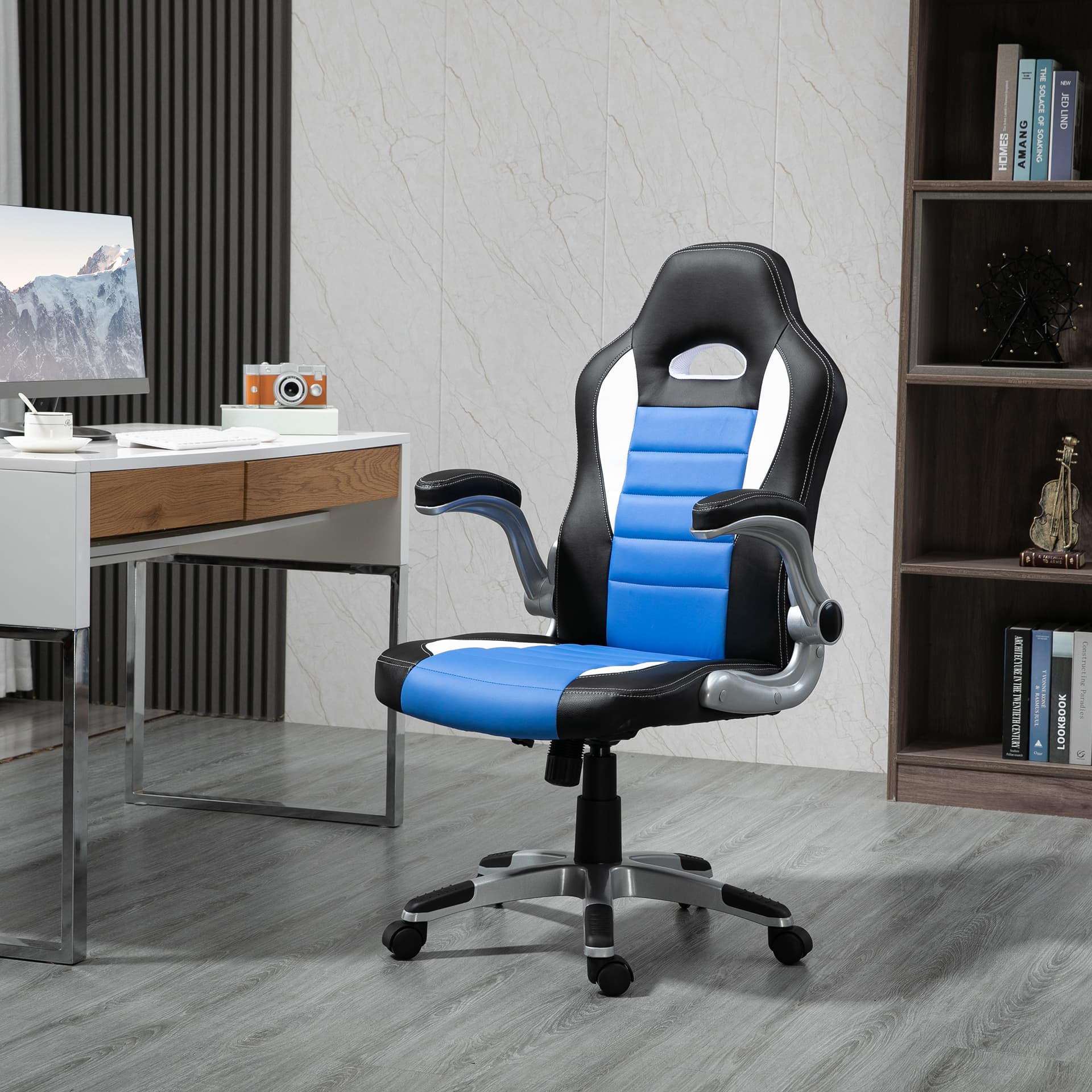 HOMCOM Racing Car Office Chair Swivel Excutive Computer Gaming Chair with Adjustable Armrest (Blue) - Office Chairs - Office Furniture
