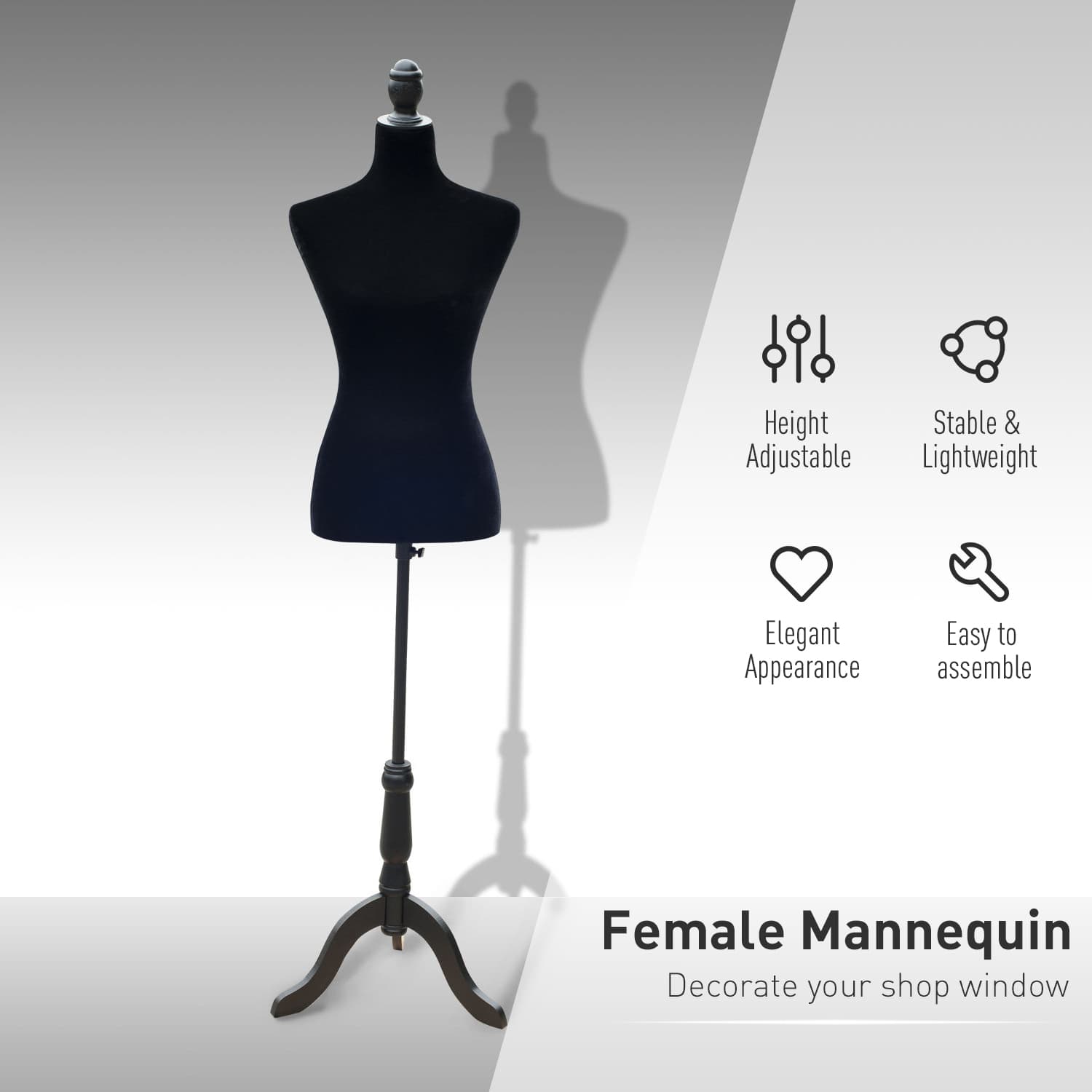 HOMCOM Female Fashion Mannequin Dress Form Torso Dressmaker Stand Clothing Display w/ Base (Black) - Office Products - Office Furniture