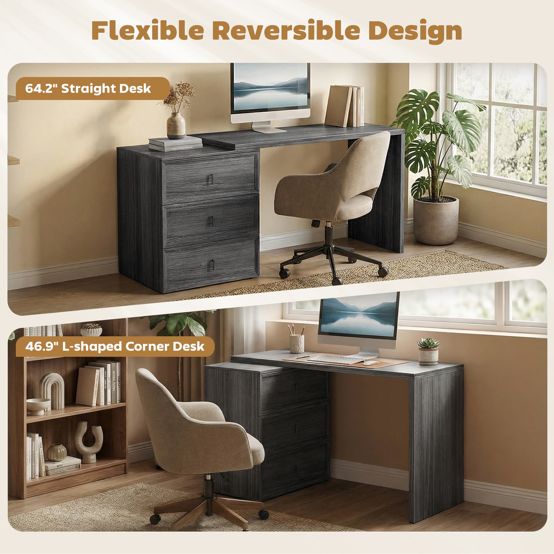 L Shaped Computer Desk Home Office Desk with 3 Drawers Black Wood Grain - Computer Desks - Office Furniture