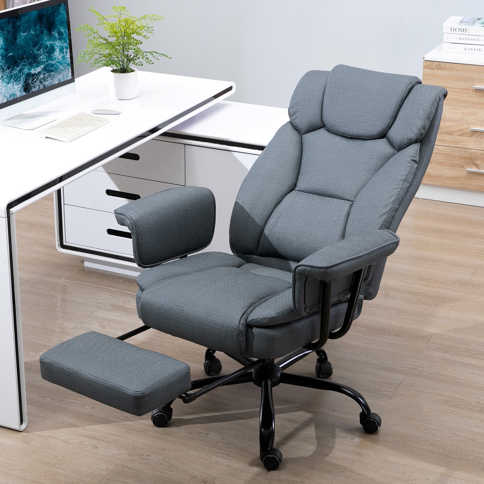 Vinsetto Swivel Reclining Office Chair with Ergonomic with Footrest, Grey - Office Chairs - Office Furniture