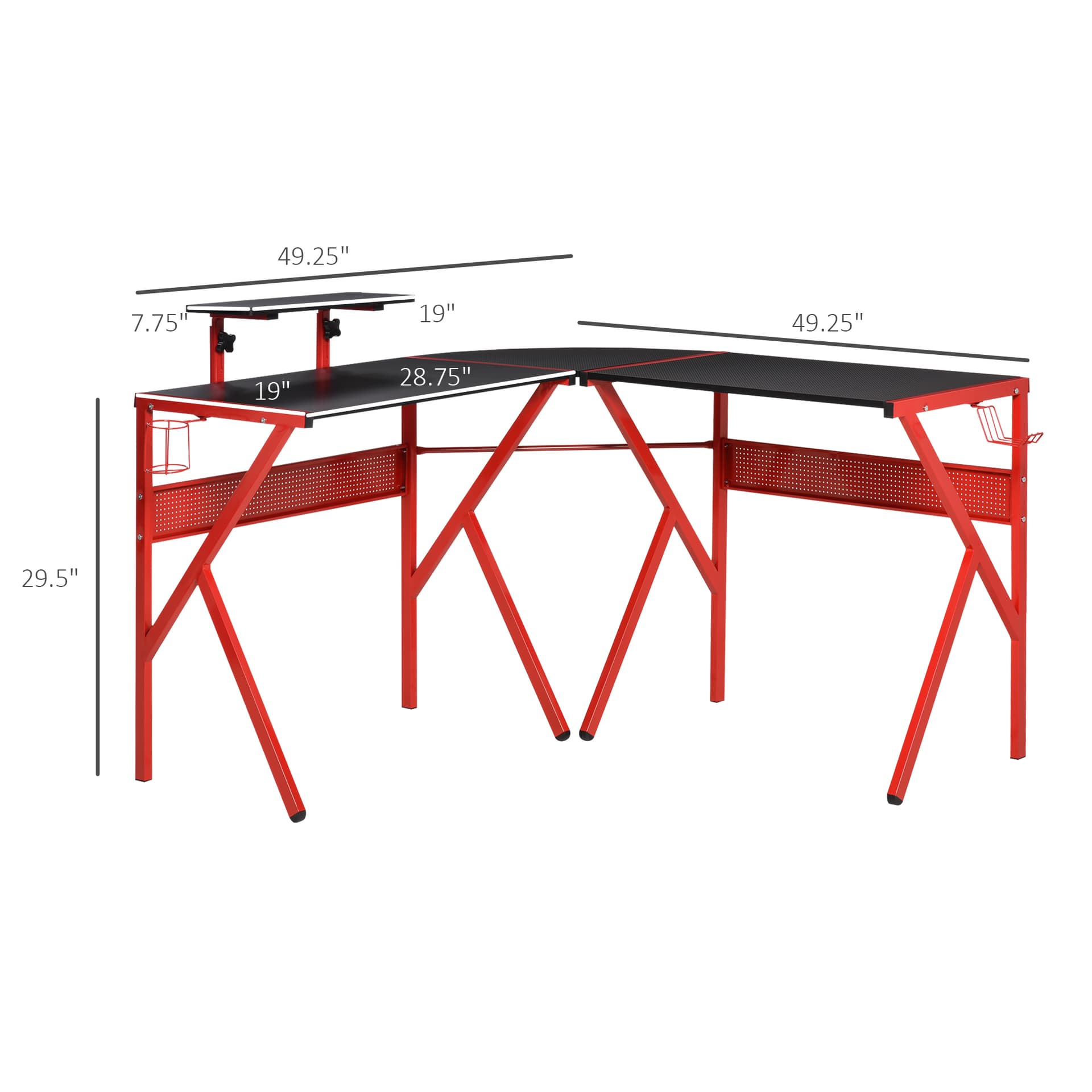 HOMCOM Gaming Desk, L-Shaped Corner Computer Table for Home Office, Workstations with Adjustable Monitor Stand Cup Holder Headphone Hook 49.25" x 49.25" x 29.5" Red - Desks - Office Furniture