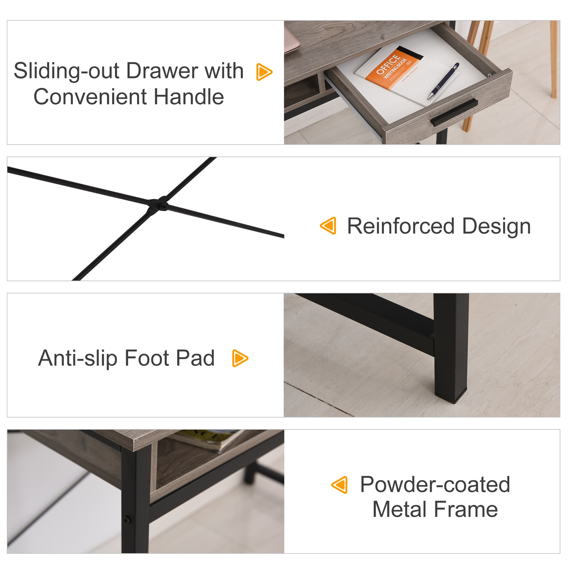 HOMCOM Industrial Computer Desk with Drawer and Open Shelves, Writing Table with Hutch for Home Office, Grey - Desks - Office Furniture
