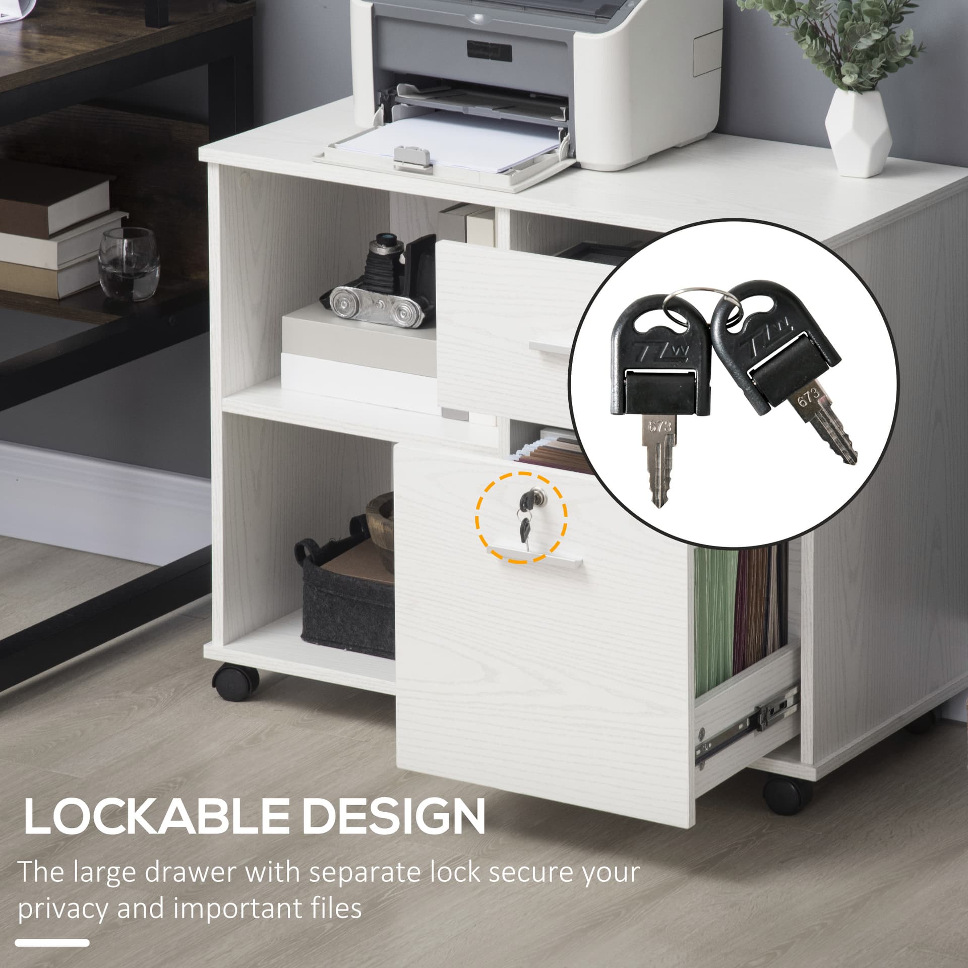 Vinsetto Lateral File Cabinet with Wheels, Mobile Printer Stand with Open Shelves and Drawers for A4 Size Documents, White - Office Products - Office Furniture