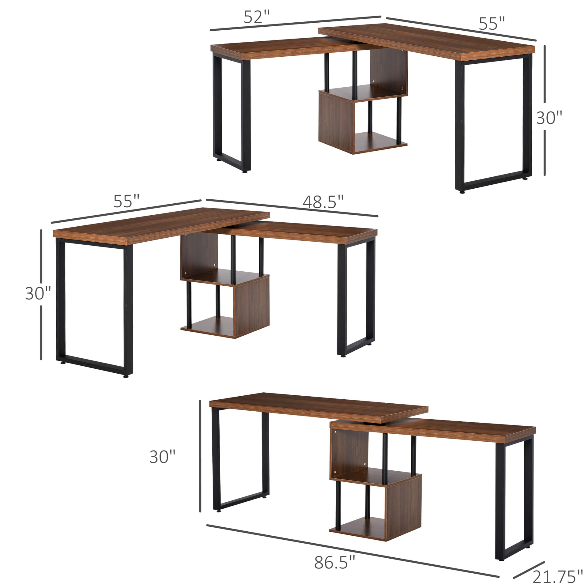 HOMCOM Corner Rotating L-Shaped Office Table Computer Desk with Storage Shelf Brown - Desks - Office Furniture