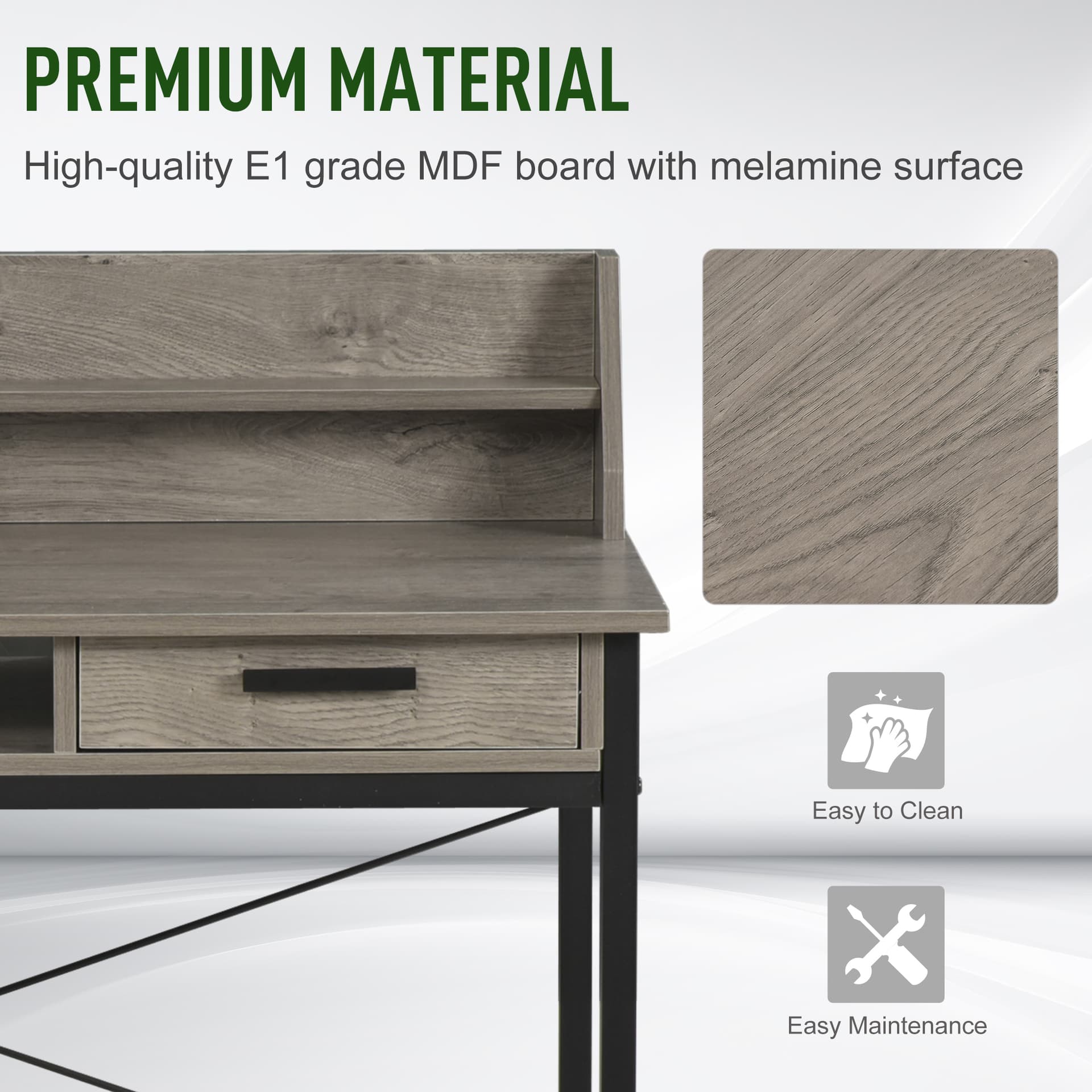 HOMCOM Industrial Computer Desk with Drawer and Open Shelves, Writing Table with Hutch for Home Office, Grey - Desks - Office Furniture