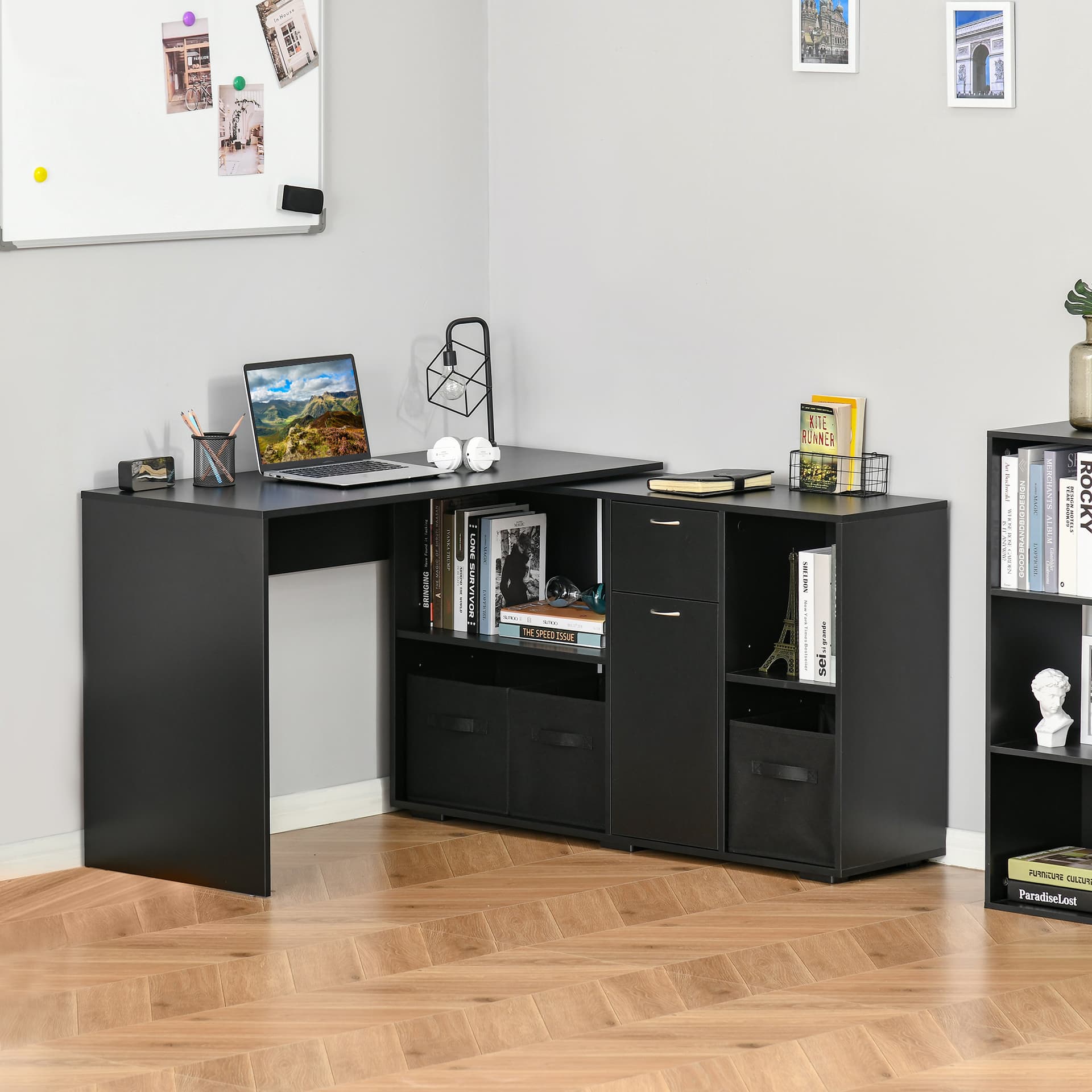 HOMCOM Convertable L-shape Computer Desk Home Office Table with Storage Shelf Drawer Cabinet Black - Desks - Office Furniture