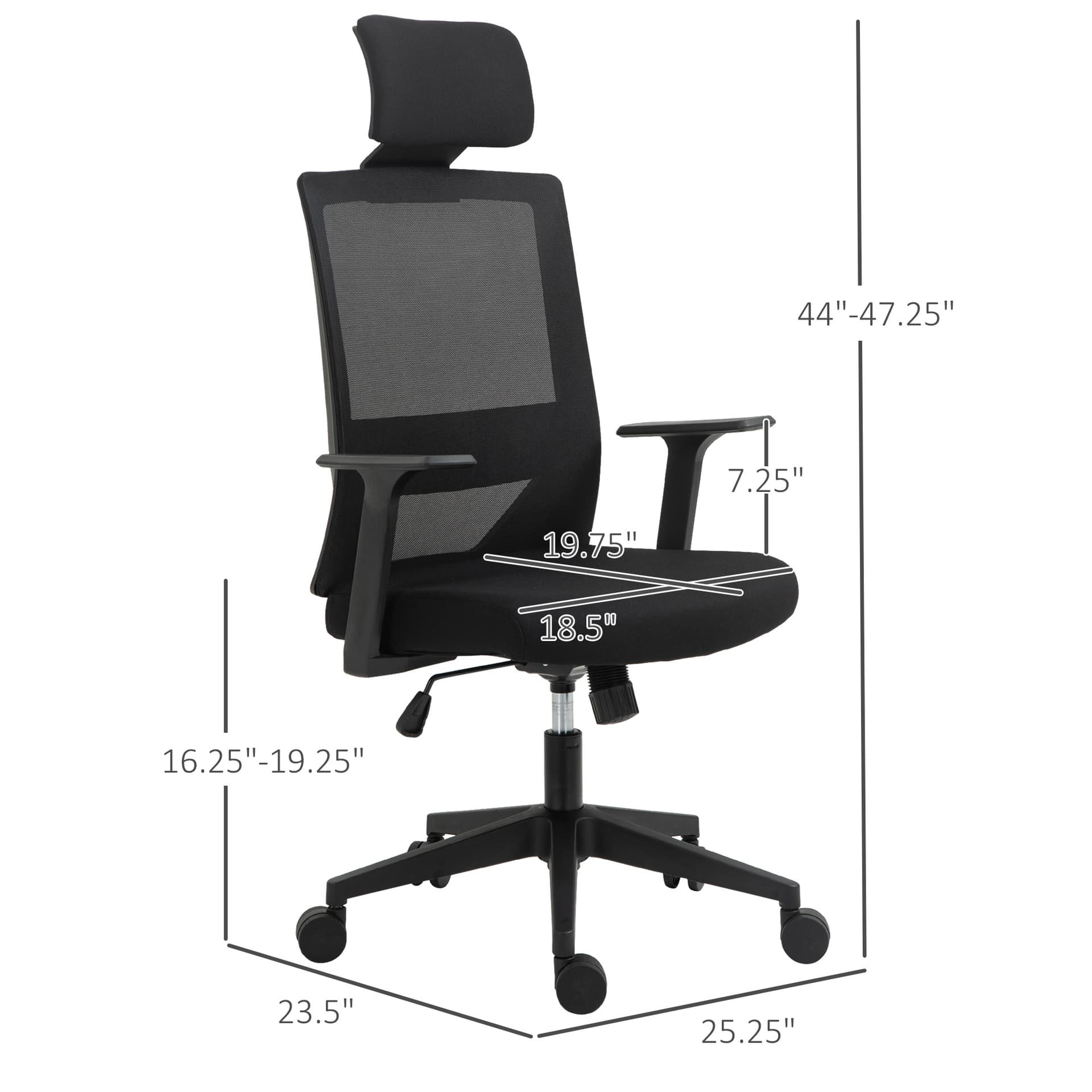 Vinsetto High Back Office Chair Swivel Task Chair with Lumbar Back Support, Breathable Mesh, and Adjustable Height, Headrest, Black - Office Chairs - Office Furniture