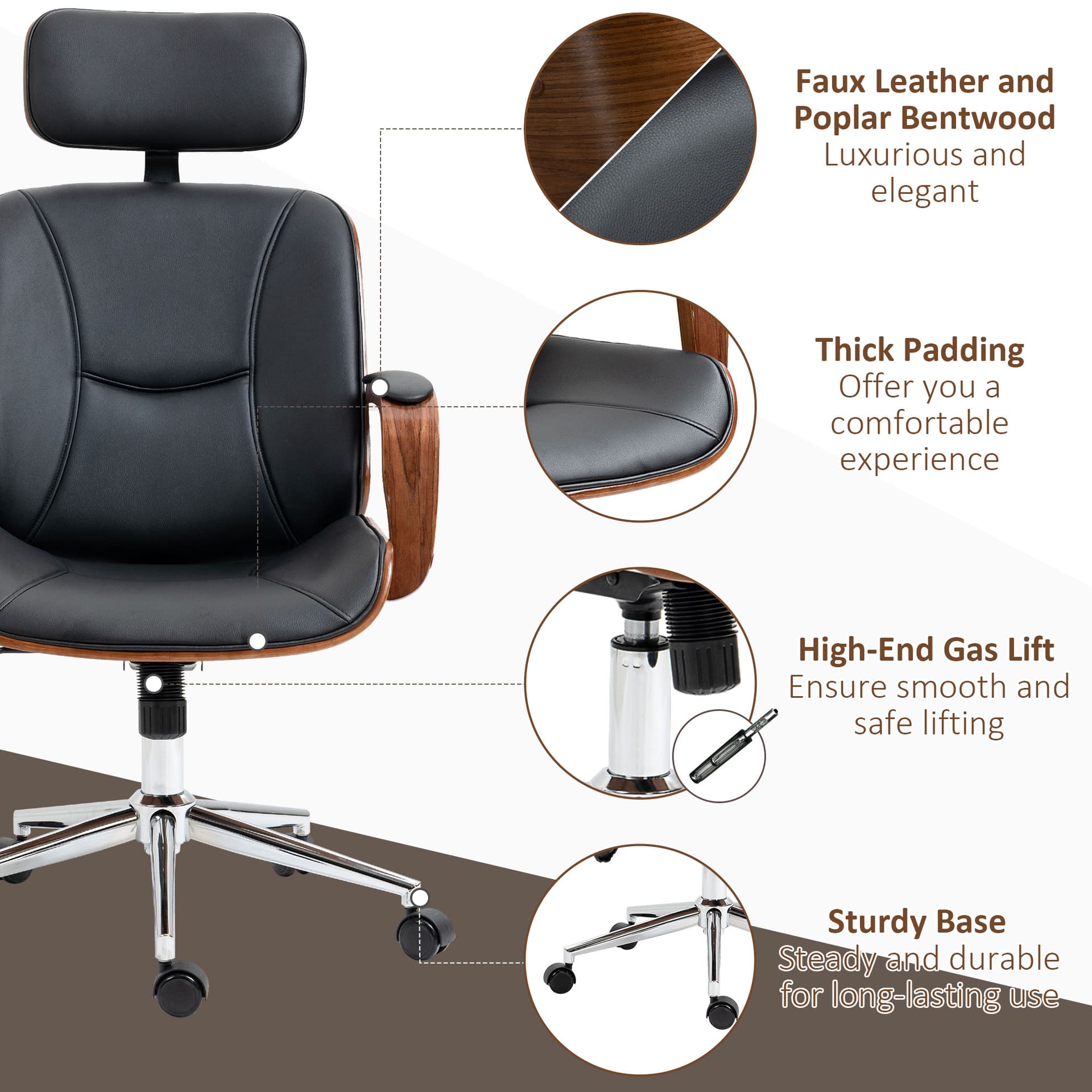 Office Chair, PU Leather Desk Chair with Removable Headrest, Adjustable Height, Tilt Function and with Wheels, Black - Office Chairs - Office Furniture