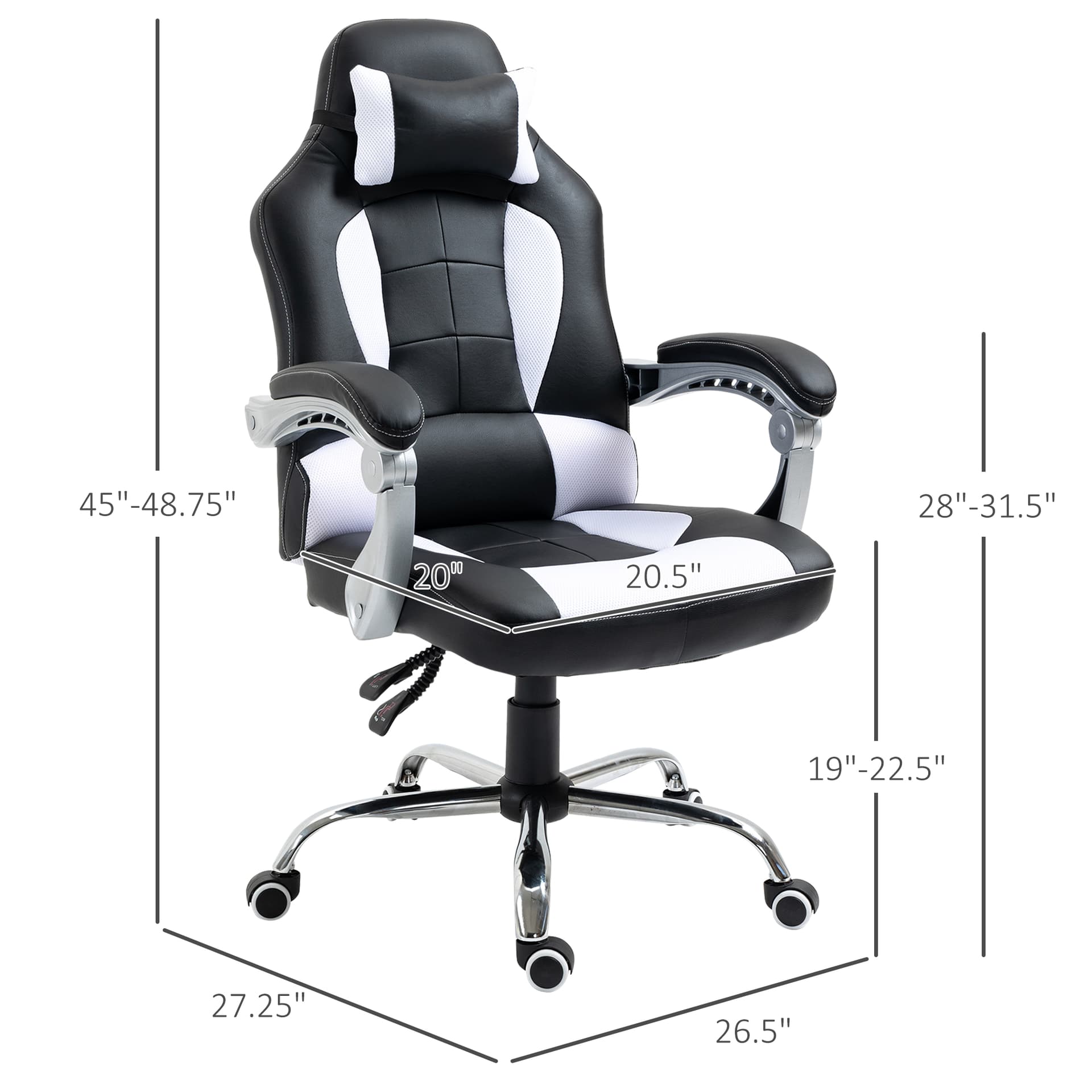 HOMCOM High Back Office Chair, Executive Racing Gaming Chair, Adjustable Recliner with Removable Headrest Pillow for Home, Office, White and Black - Office Products - Office Furniture