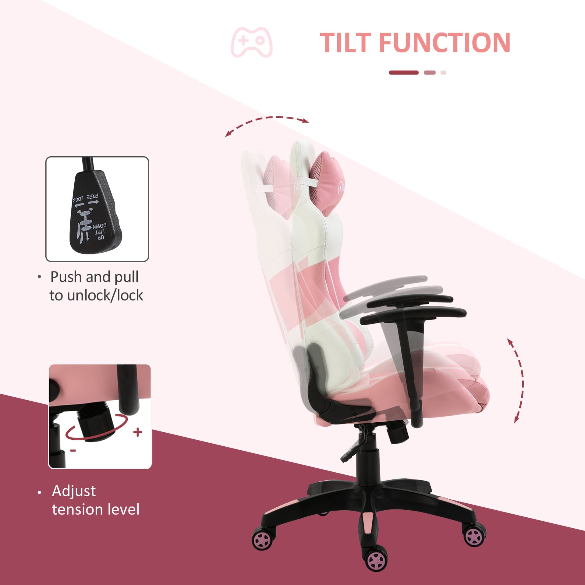 Vinsetto Office Chair with Wheels  Removable Pillow Gaming Chair  Pink and White - Office Chairs - Office Furniture