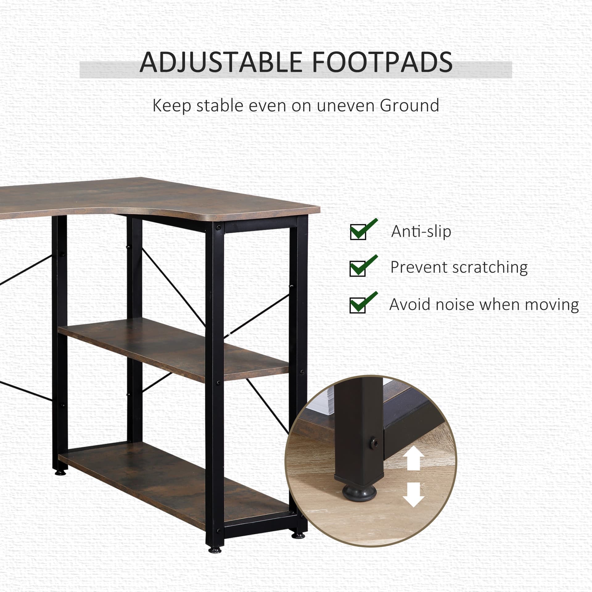 HOMCOM L-Shaped Computer Desk Home Office Corner Desk Study Workstation Table with 2 Shelves, Steel Frame, Brown - Desks - Office Furniture