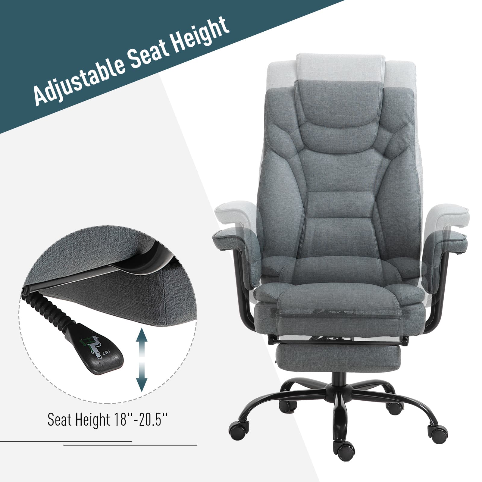 Vinsetto Swivel Reclining Office Chair with Ergonomic with Footrest, Grey - Office Chairs - Office Furniture