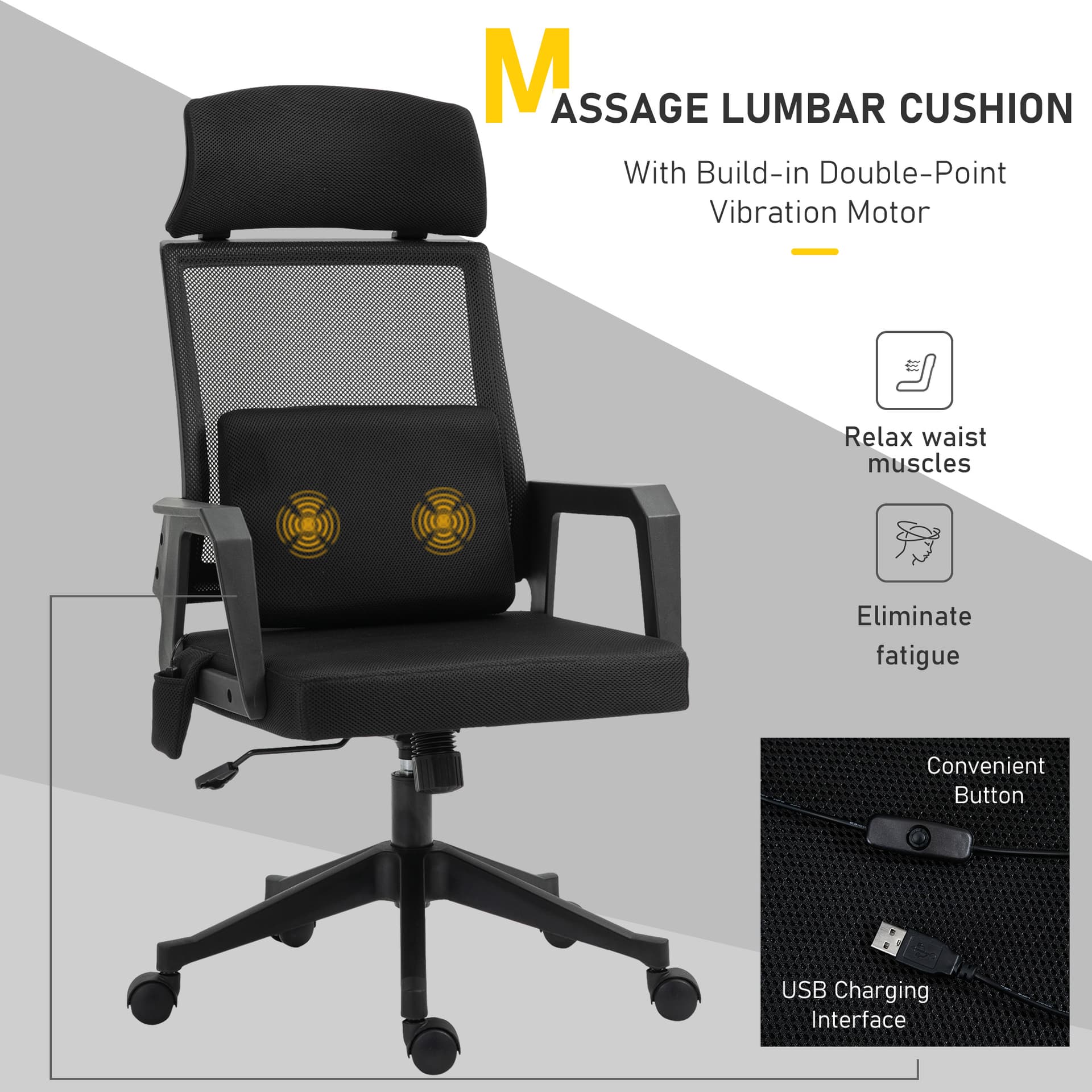 Vinsetto Office Chair High Back Mesh Desk Chair with 2-Point Vibration Massage Lumbar Support Pillow, Headrest, Ergonomic Swivel Back - Desks - Office Furniture