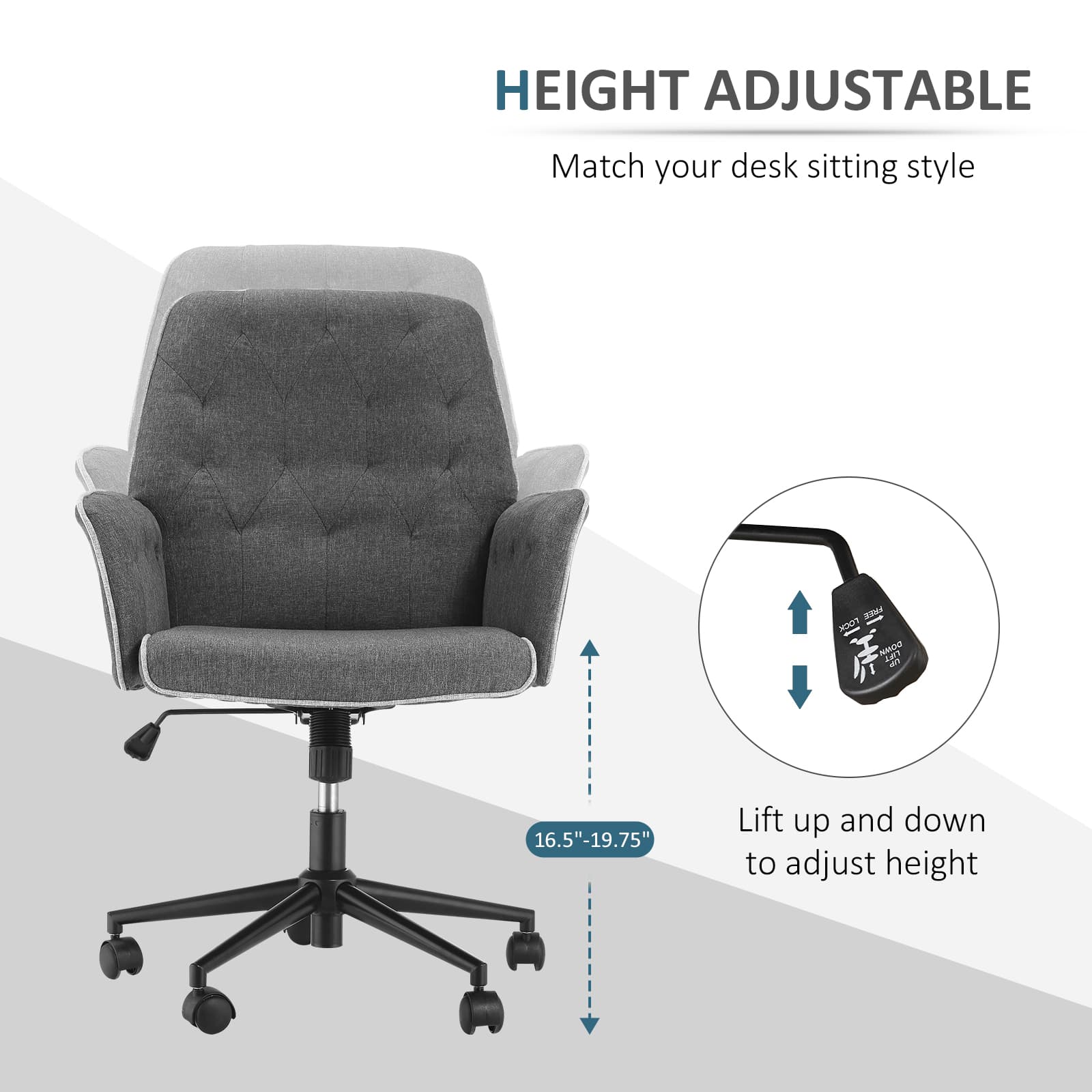 HOMCOM Office Chair, Fabric Study Chair, Mid-Back Tufted Desk Chair with Swivel Wheels, Adjustable Height, Grey - Desks - Office Furniture