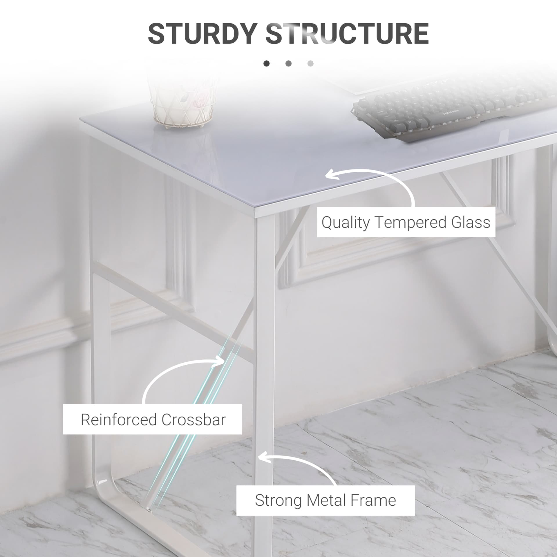 HOMCOM Office Table Glass Top Writing Desk Home Working Station Gaming Desk Metal Frame Easy Assembly, White - Desks - Office Furniture