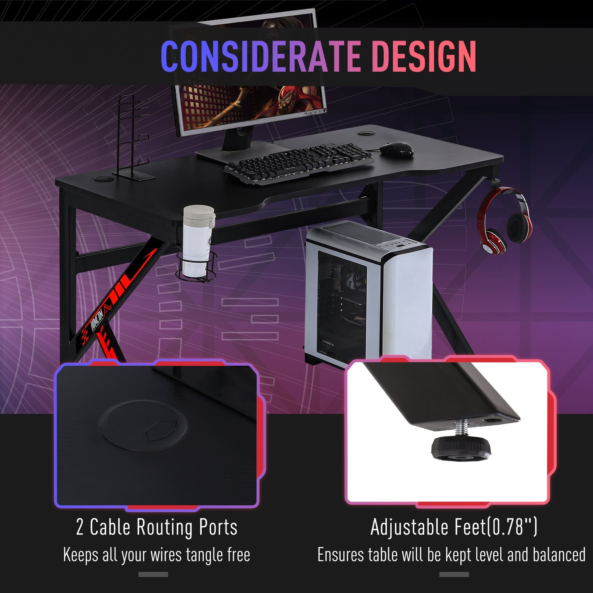 HOMCOM Gaming Desk Computer Table Racing Style for E-sport Room Office PC Workstation with Rotatable Cup Holder Foot Peg Headphone Hook Gamepad Stand Wire Port 47.25" x 23.5" x 28.75" Black - Office Products - Office Furniture