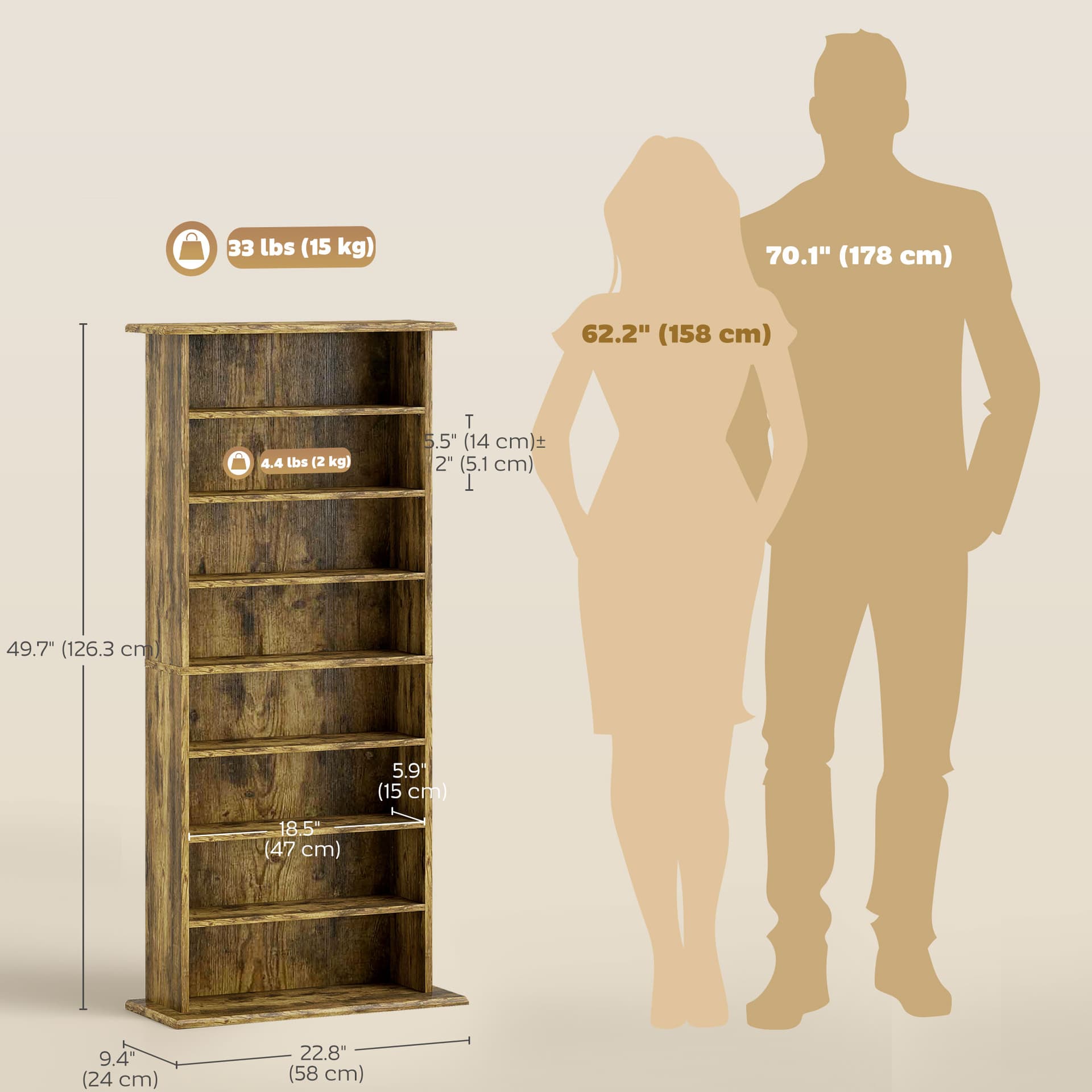 8-Tier DVD Shelf with 6 Adjustable Shelves, Slim CD Shelf, Holds 360 CDs, 185 DVDs or 185 Blu-rays, Rustic Brown - Office Supplies - Office Furniture