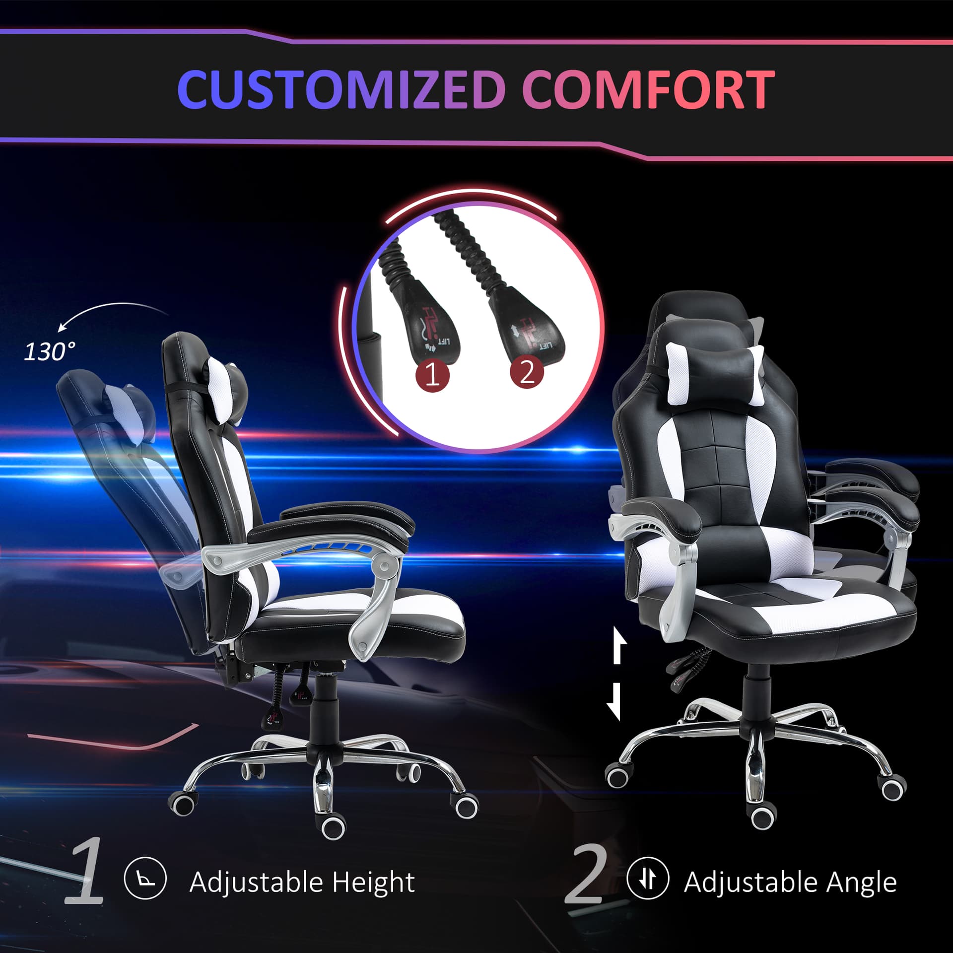 HOMCOM High Back Office Chair, Executive Racing Gaming Chair, Adjustable Recliner with Removable Headrest Pillow for Home, Office, White and Black - Office Products - Office Furniture