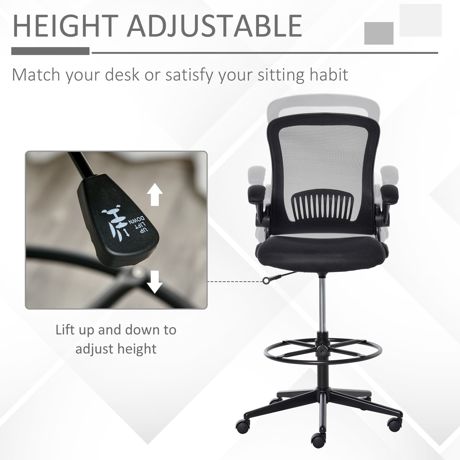 Vinsetto Tall Drafting Desk Chair Office Mesh Standing Chair with Foot Ring, Flip-up Arm, 360° Swivel Wheels, Black - Desks - Office Furniture