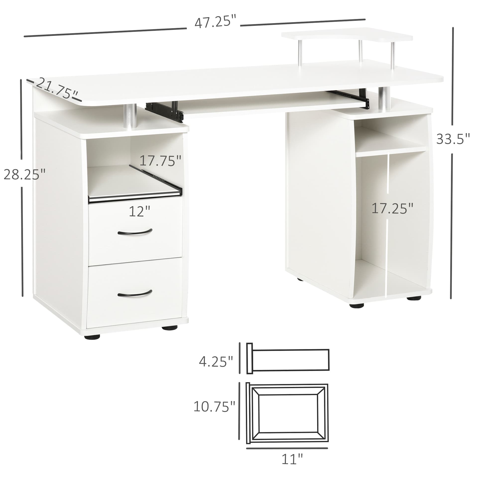 HOMCOM Computer Desk with Keyboard Tray, CPU Stand, Writing Desk with Drawers, Workstation for Home Office, White - Desks - Office Furniture