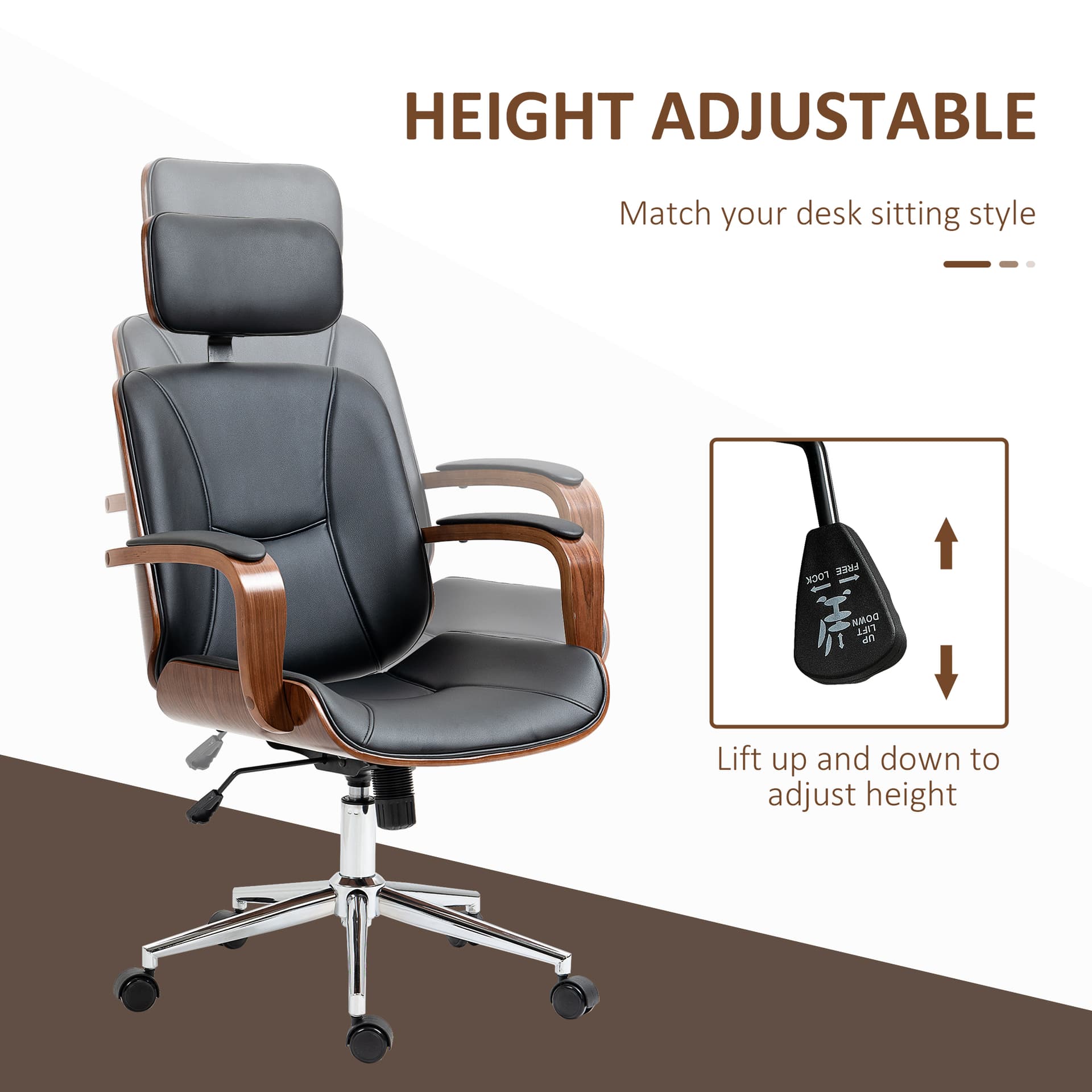 Office Chair, PU Leather Desk Chair with Removable Headrest, Adjustable Height, Tilt Function and with Wheels, Black - Office Chairs - Office Furniture