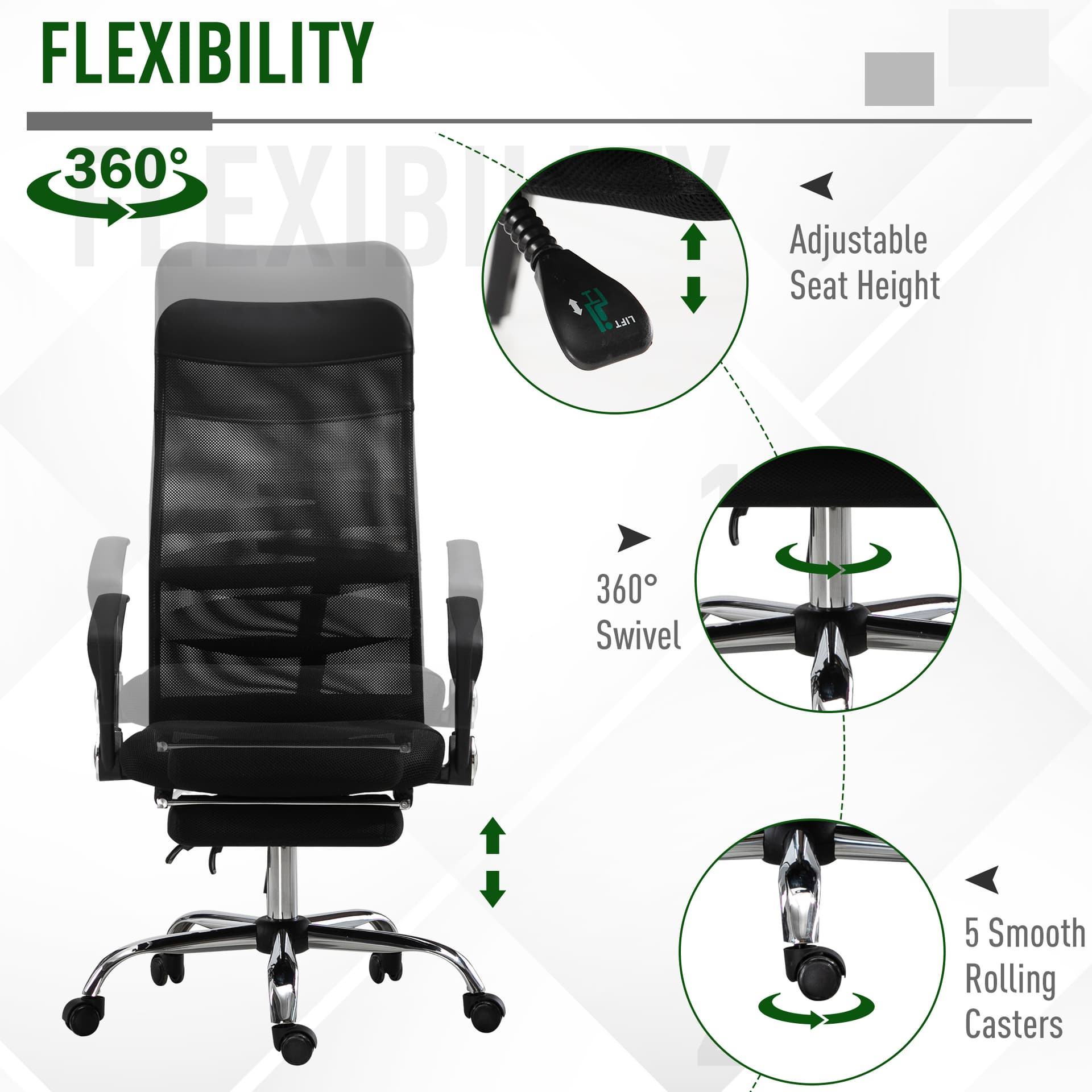 Vinsetto High Back Executive Mesh Office Chair Ergonomic Swivel with Footrest & Armrest - Office Chairs - Office Furniture