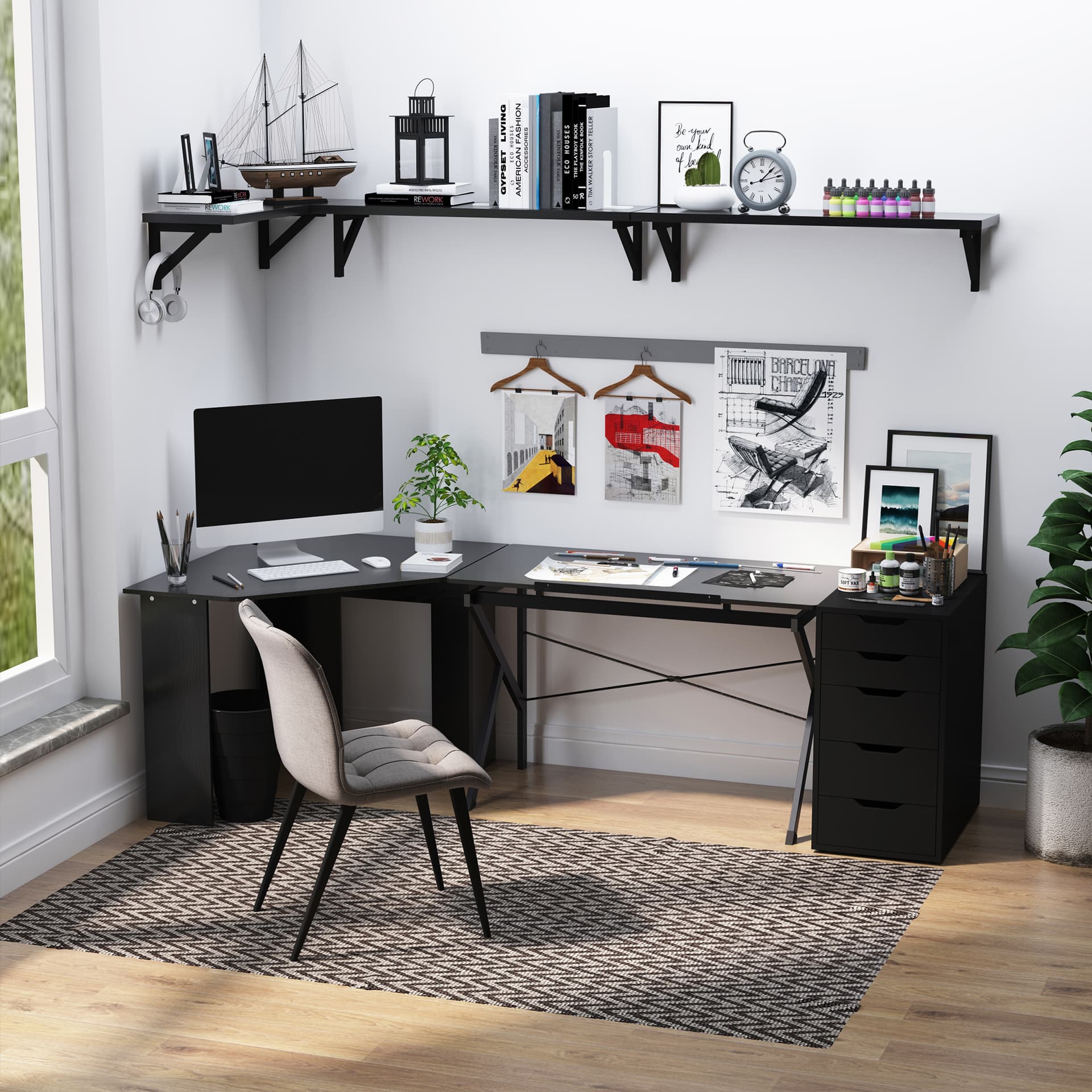 HOMCOM Height Adjustable Drawing and Drafting Table Tiltable Tabletop Black - Office Products - Office Furniture