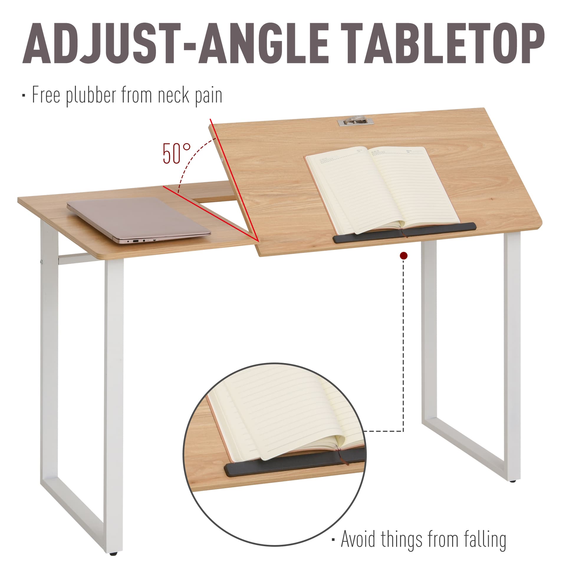HOMCOM Computer Desk Writing Table with Small Angle Adjustable Tabletop for Drawing Home Office Workstation, Oak - Desks - Office Furniture