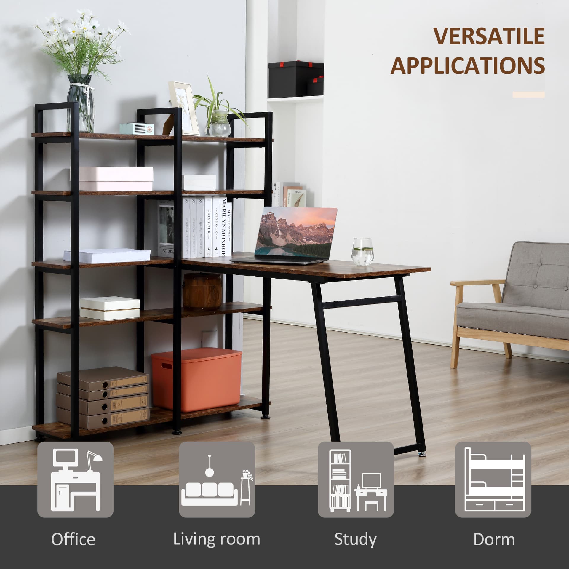 HOMCOM L-Shaped Desk with 5 Tier Bookshelf, Computer Writing Table with Metal Frame, Space-Saving for Home Office, Rustic Brown - Desks - Office Furniture