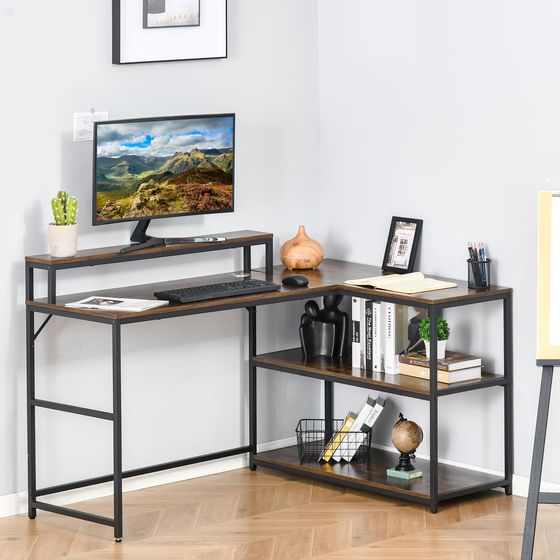 HOMCOM L-Shaped Computer Desk Home Office Corner Desk Study Workstation Table with Storage Shelves Cable Grommet, Rustic Brown - Desks - Office Furniture