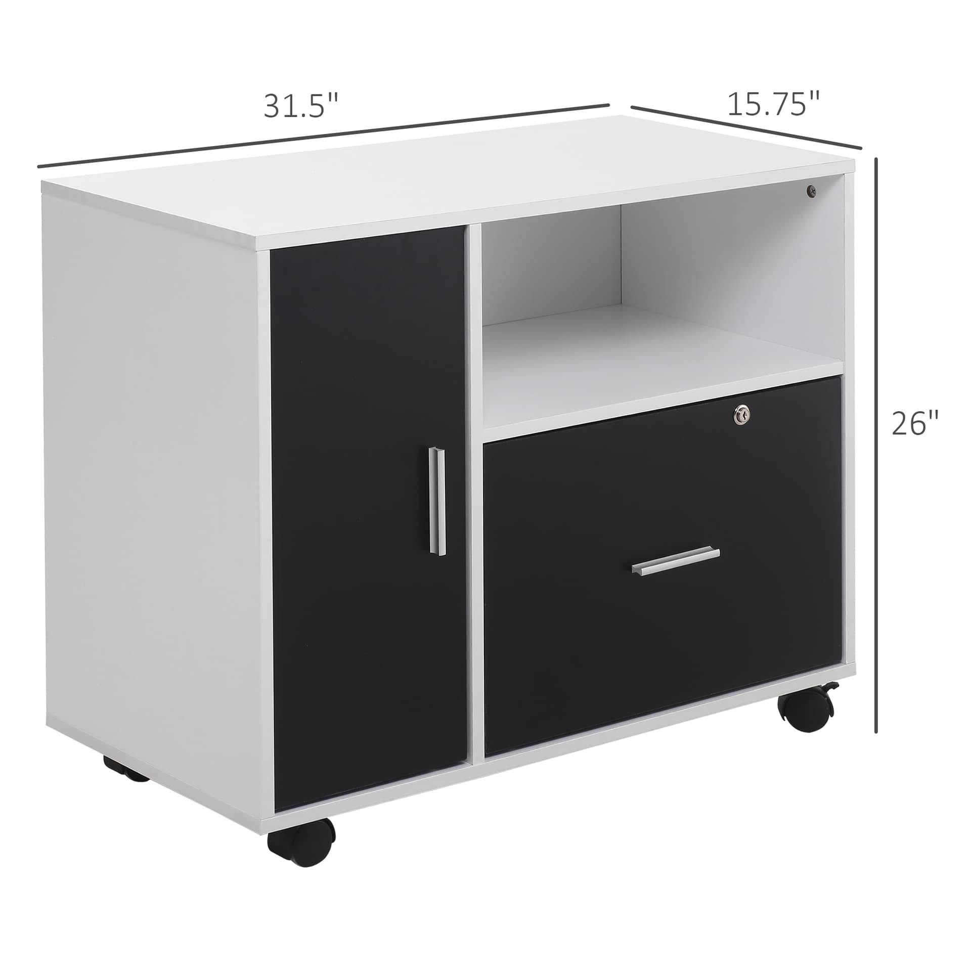 HOMCOM Rolling Office File Cabinet with Drawer for Legal Letter Sized Hanging Files Printer Stand with Shelf Wooden Documents Storage Chest for Home Office - Filing & Storage - Office Furniture